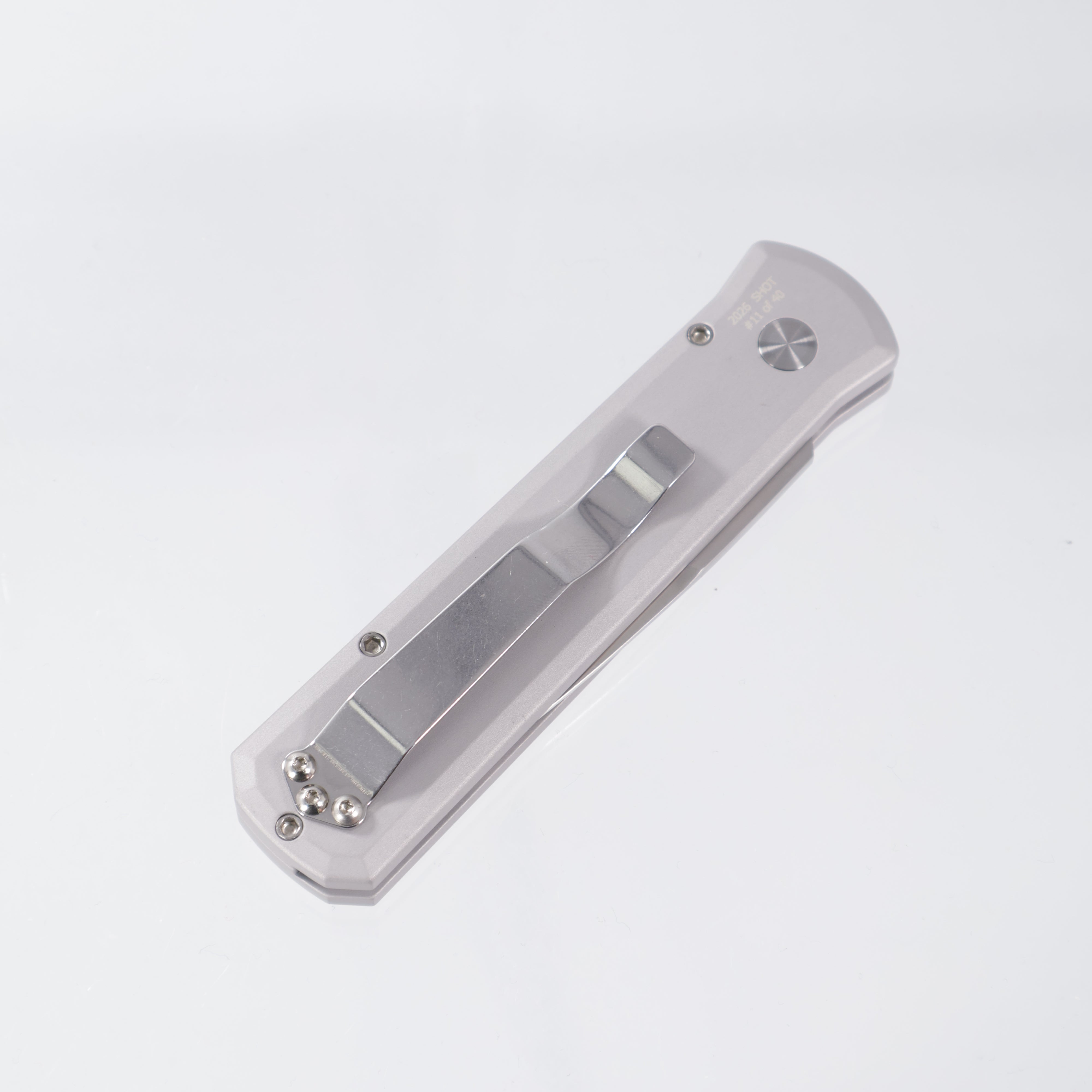 Pro-Tech Godson - Satin 154CM - Grey Aluminum & White Pearl Button - SHOT26.Godson.1