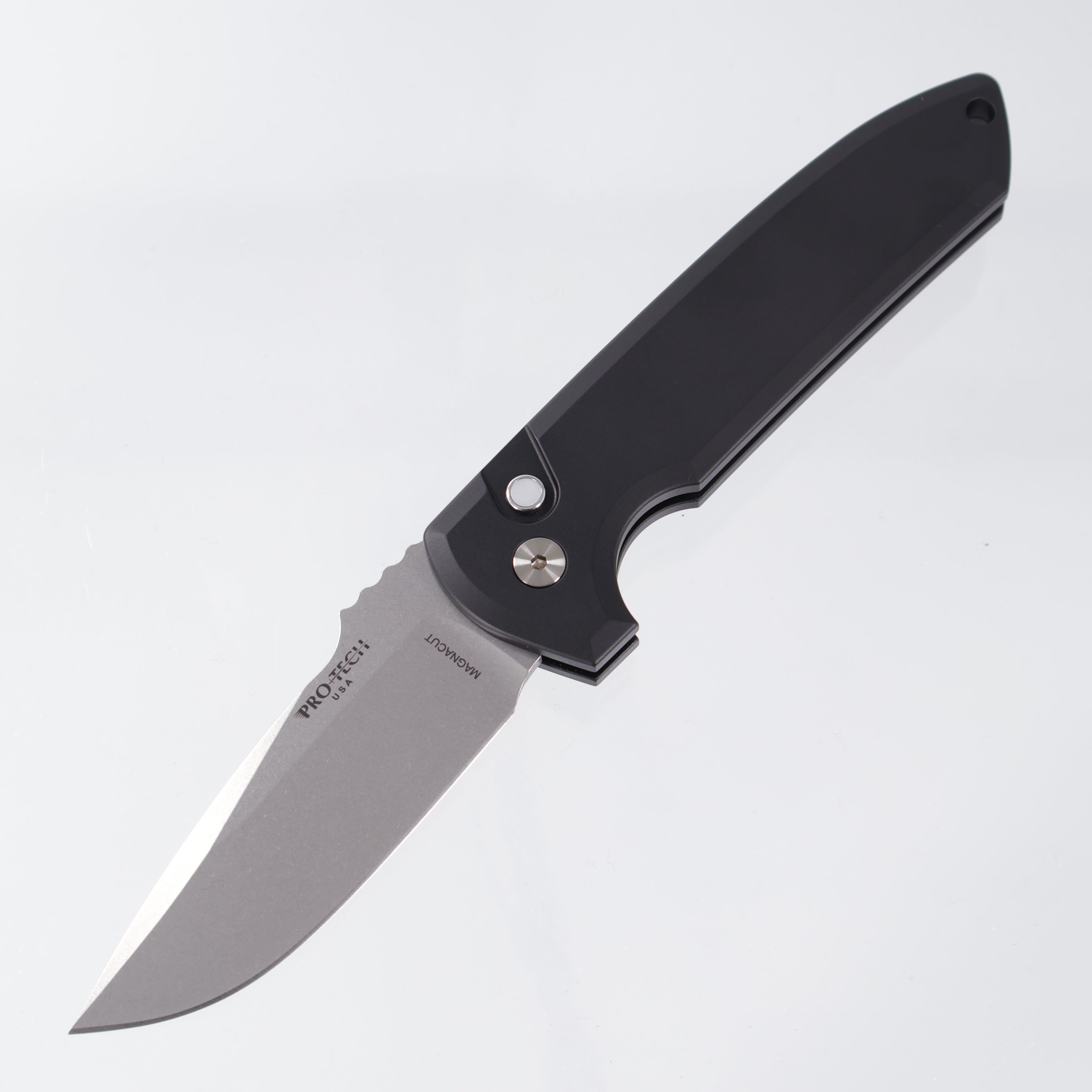 Pro-Tech Rockeye Auto - Magnacut Stonewash - Black Aluminum & Black Lip Pearl Button - SHOT26.Rockeye.1