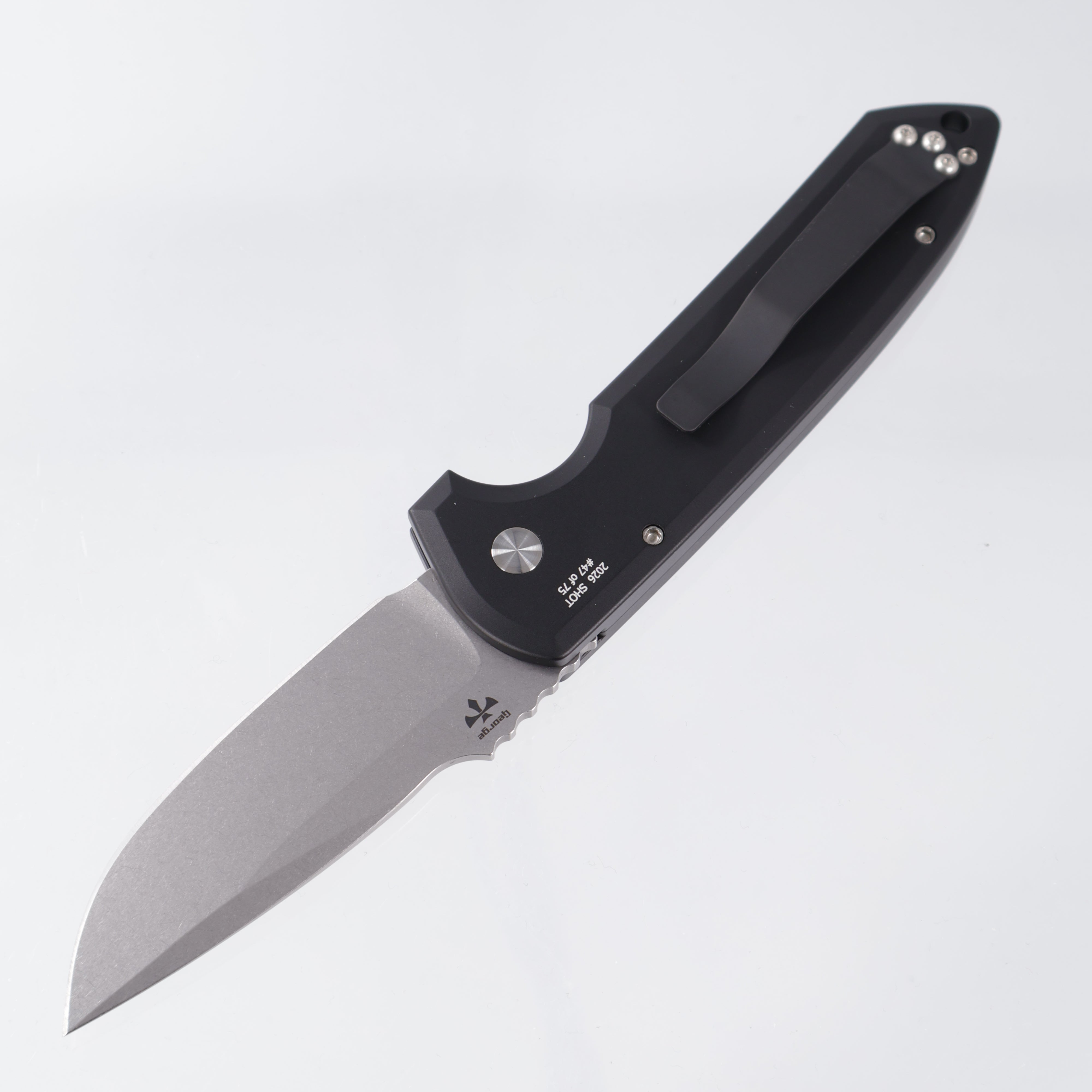 Pro-Tech Rockeye Auto - Magnacut Stonewash - Black Aluminum & Black Lip Pearl Button - SHOT26.Rockeye.1