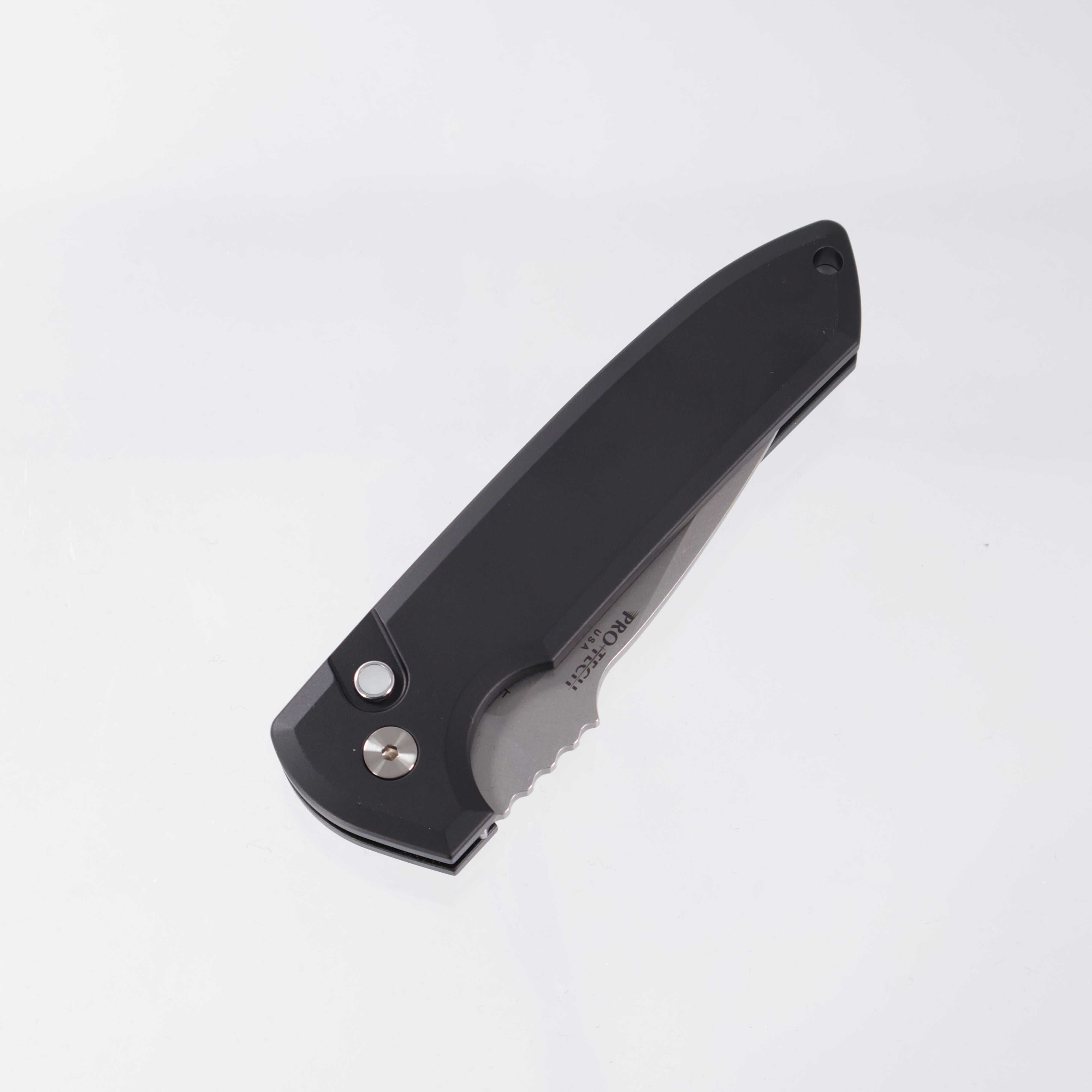Pro-Tech Rockeye Auto - Magnacut Stonewash - Black Aluminum & Black Lip Pearl Button - SHOT26.Rockeye.1