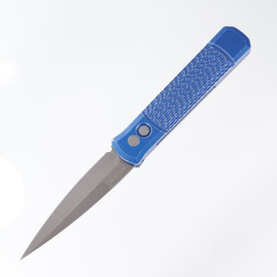 Pro-Tech Godfather - *Left-Handed* - Jigged Blue Aluminum- Acidwash 154CM - 926-LHAWBW BLUE