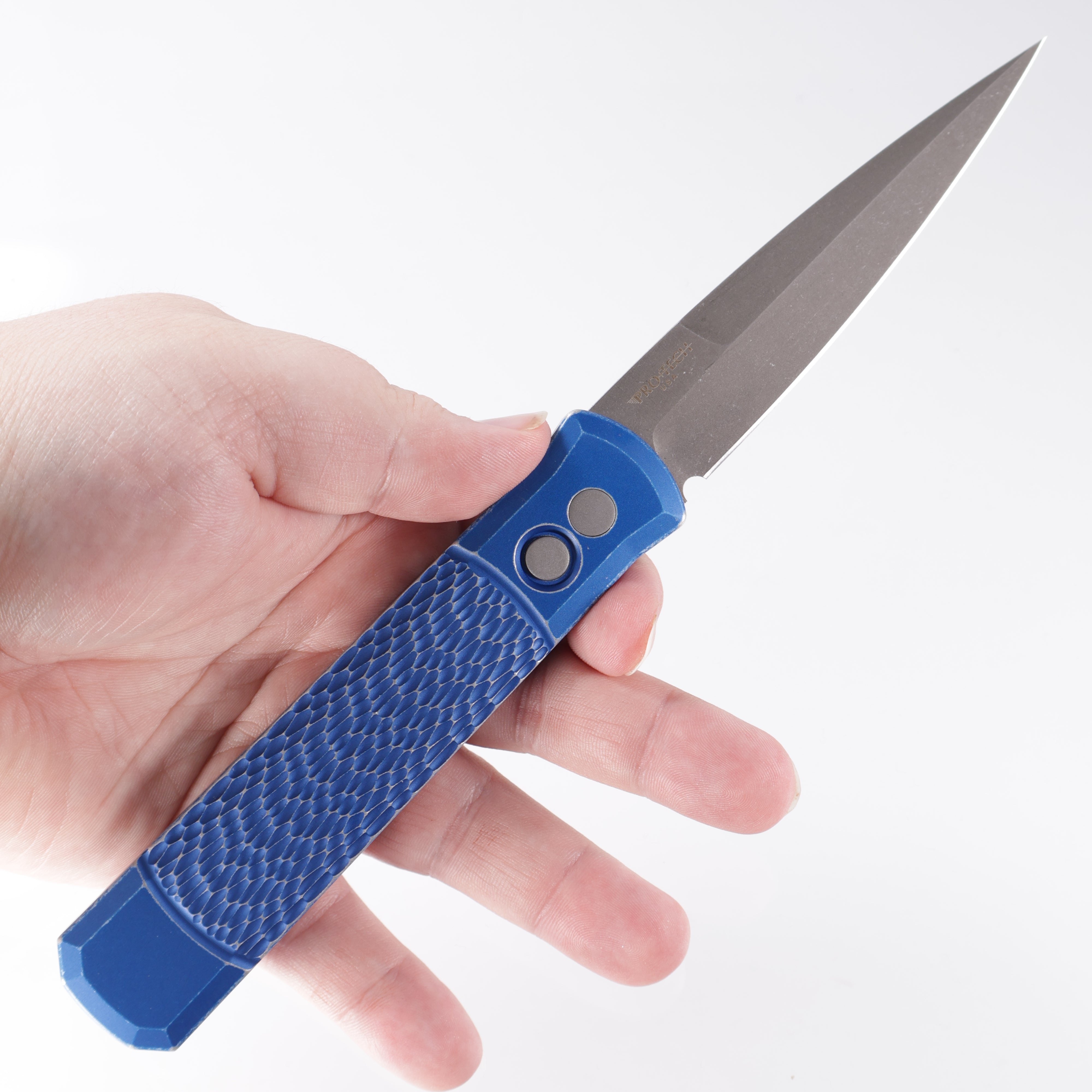 Pro-Tech Godfather - *Left-Handed* - Jigged Blue Aluminum- Acidwash 154CM - 926-LHAWBW BLUE