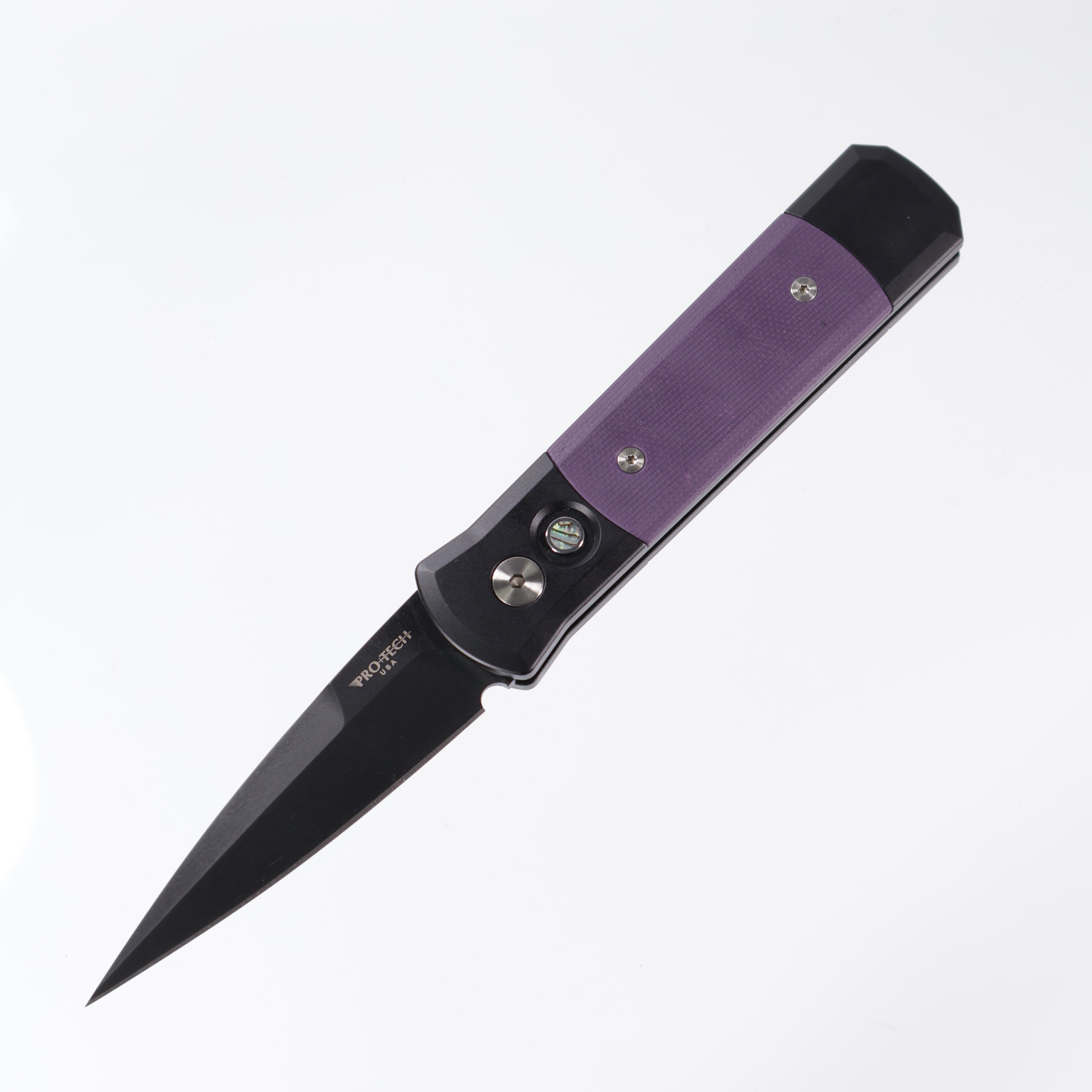 Pro-Tech Godson - Black Aluminum w/ Purple G10 Inlays - Abalone Button - DLC 154CM - 715-Purple