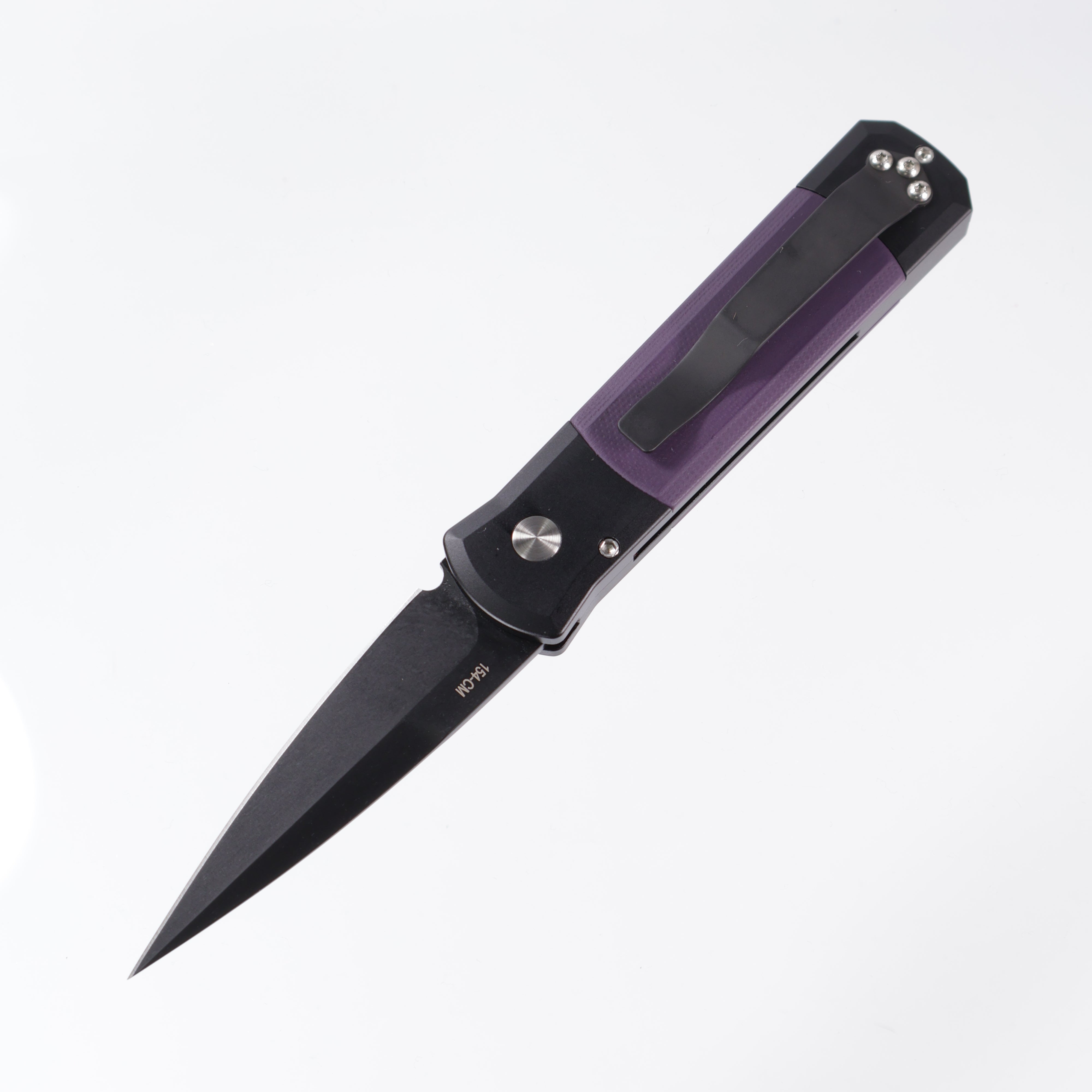 Pro-Tech Godson - Black Aluminum w/ Purple G10 Inlays - Abalone Button - DLC 154CM - 715-Purple