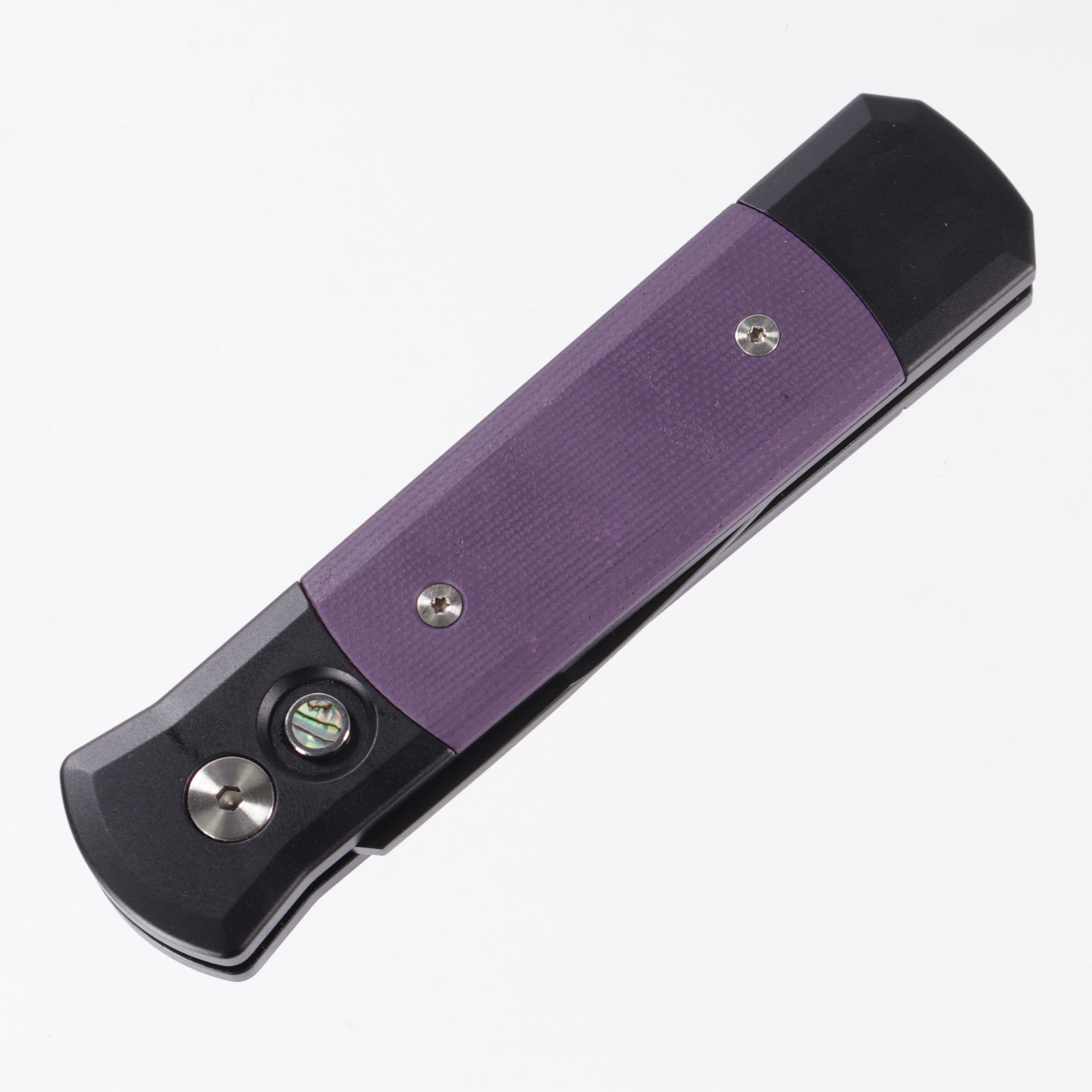 Pro-Tech Godson - Black Aluminum w/ Purple G10 Inlays - Abalone Button - DLC 154CM - 715-Purple