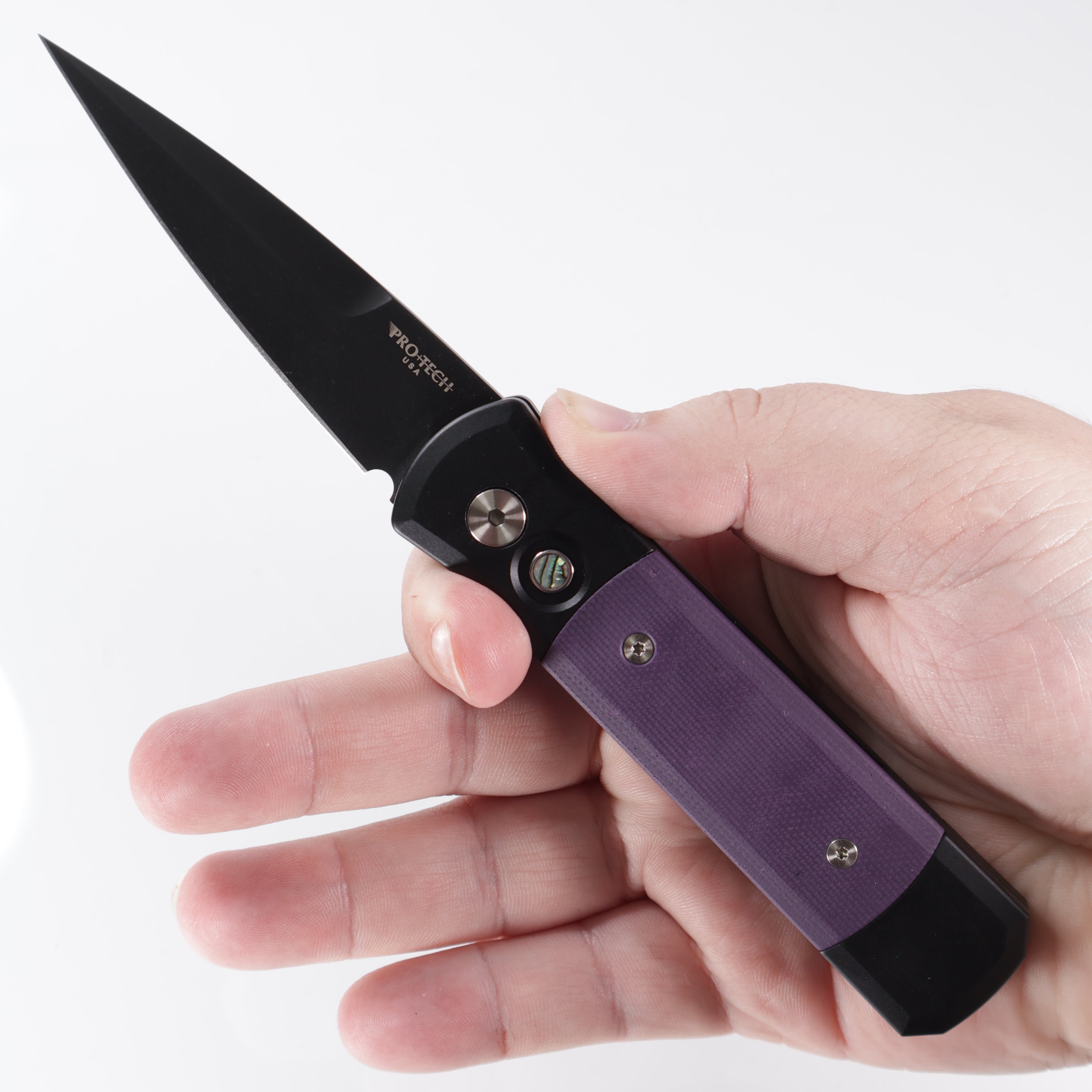 Pro-Tech Godson - Black Aluminum w/ Purple G10 Inlays - Abalone Button - DLC 154CM - 715-Purple