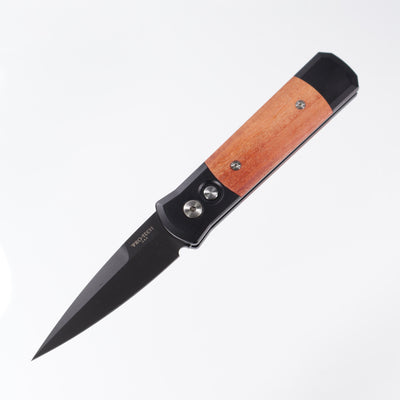 Pro-Tech Godson - Black Aluminum w/ Ironbark Eucalyptus Wood Inlays - DLC 154CM - 707-RIE