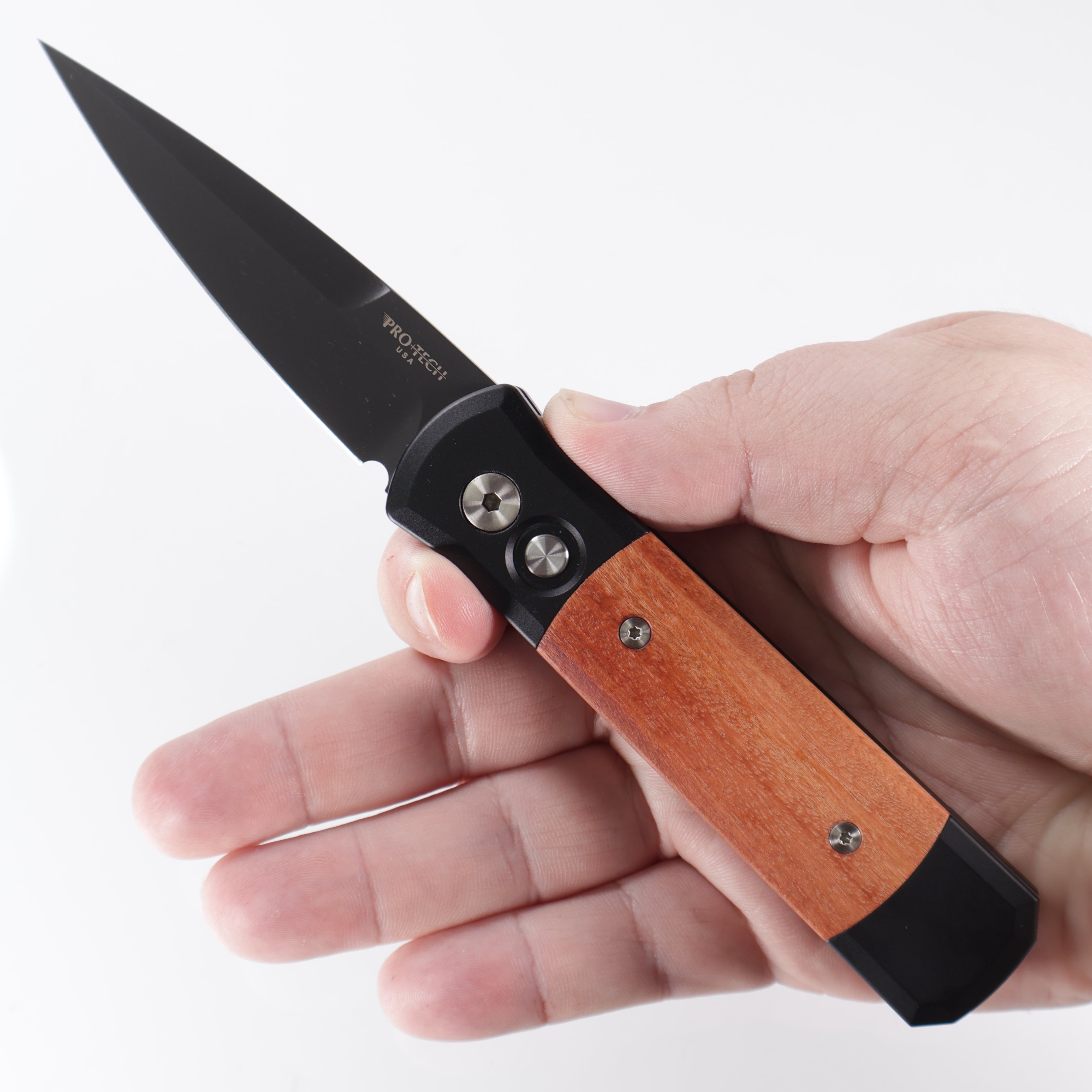 Pro-Tech Godson - Black Aluminum w/ Ironbark Eucalyptus Wood Inlays - DLC 154CM - 707-RIE