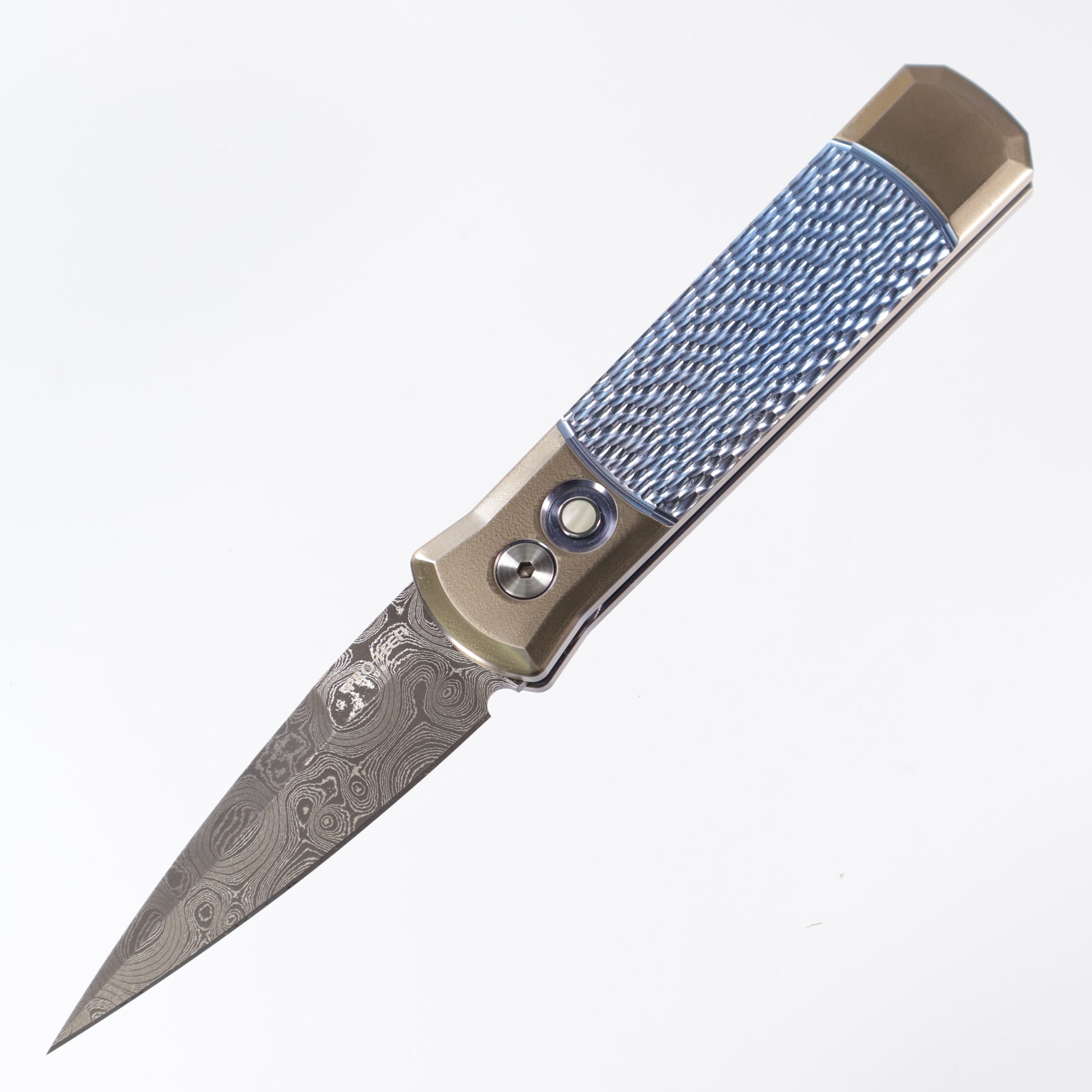 PROTECH GODSON CUSTOM AUTOMATIC FOLDING KNIFE BLUE/BRONZE JIGGED TITANIUM 3.15" DAMASCUS - 2024.004