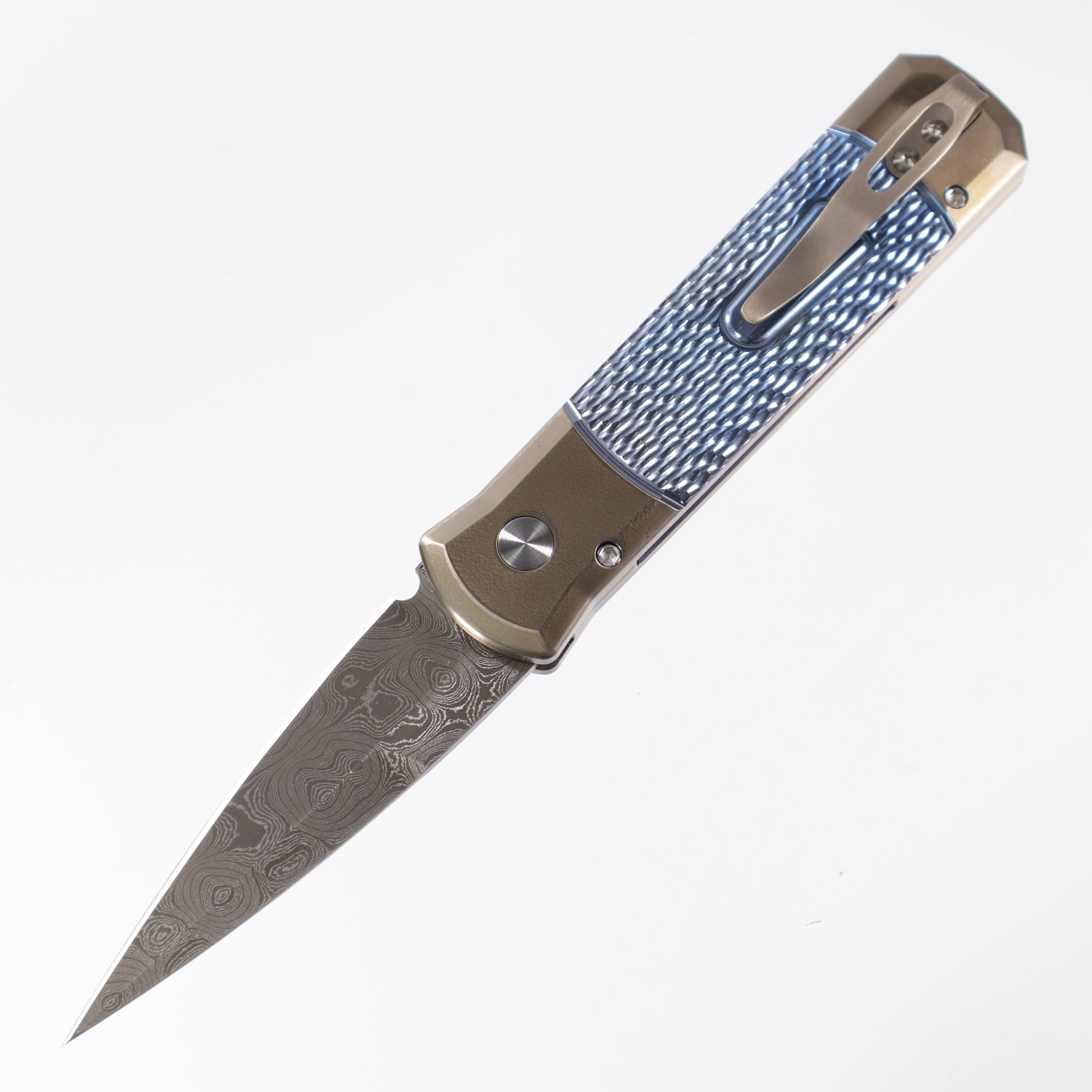 PROTECH GODSON CUSTOM AUTOMATIC FOLDING KNIFE BLUE/BRONZE JIGGED TITANIUM 3.15" DAMASCUS - 2024.004