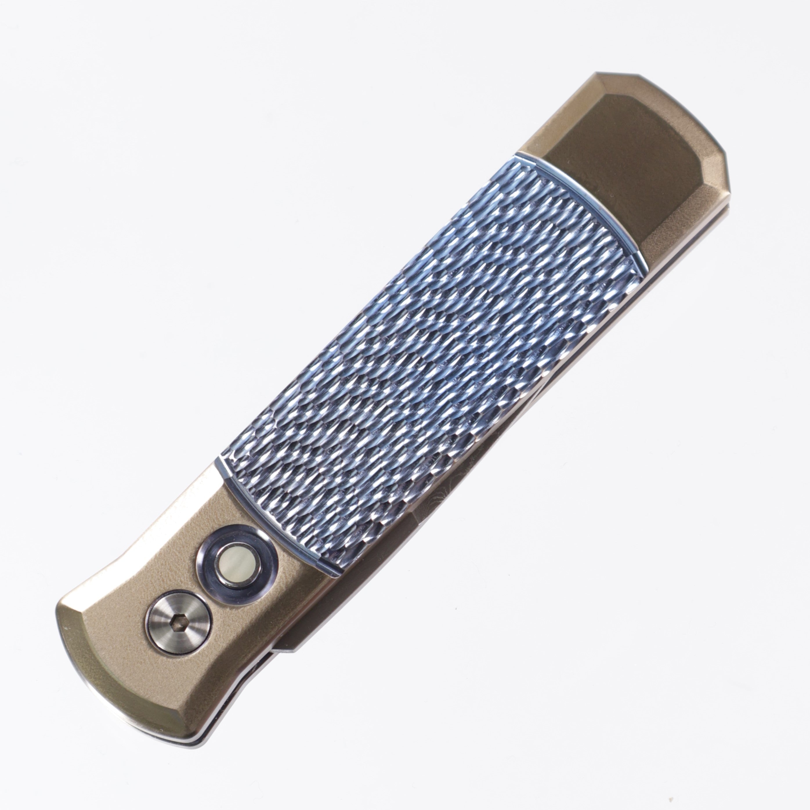 PROTECH GODSON CUSTOM AUTOMATIC FOLDING KNIFE BLUE/BRONZE JIGGED TITANIUM 3.15" DAMASCUS - 2024.004