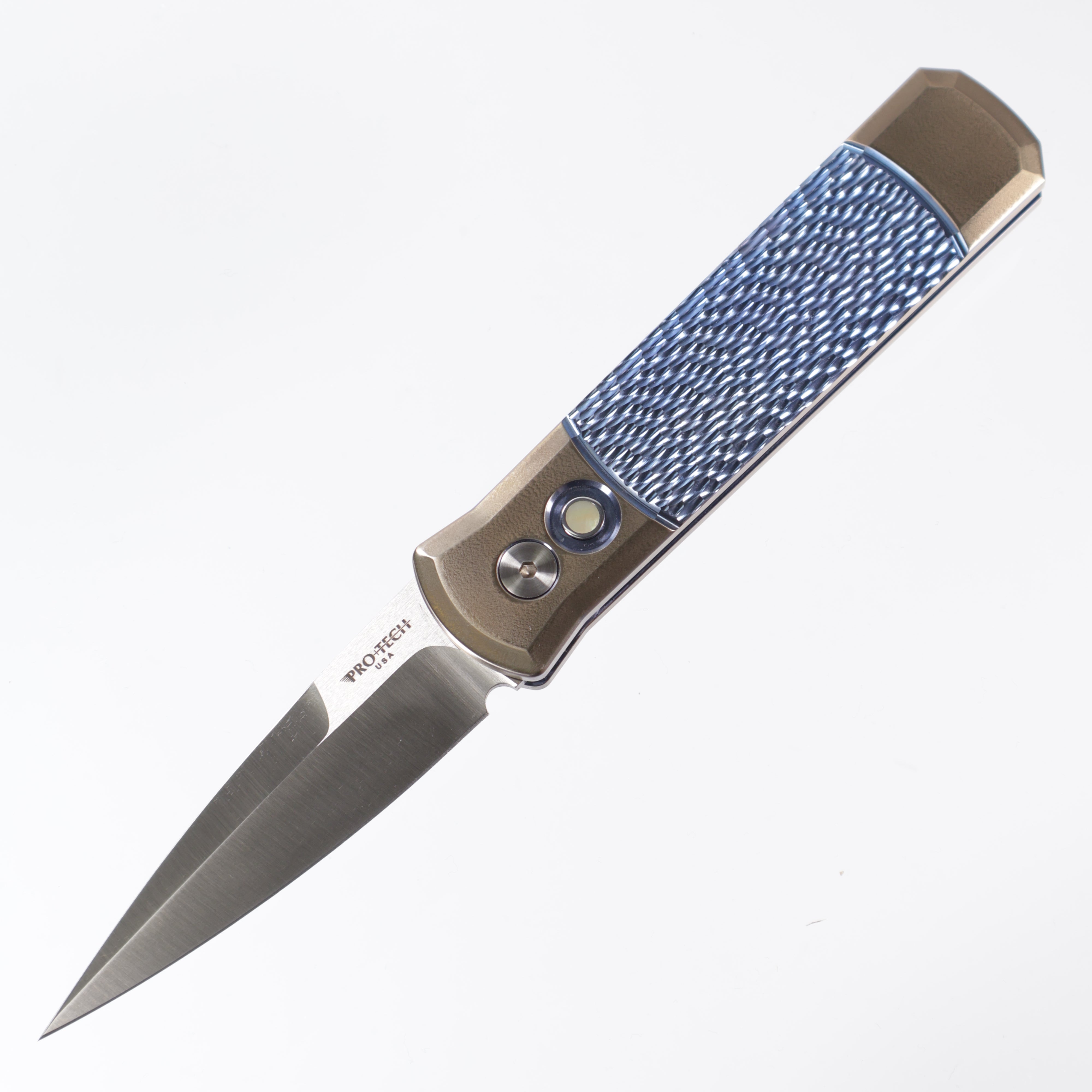 Protech Godson 2024 Custom 003 - Bronze Titanium w/ Blue Jigged center & Gold Pearl button - Satin 154CM