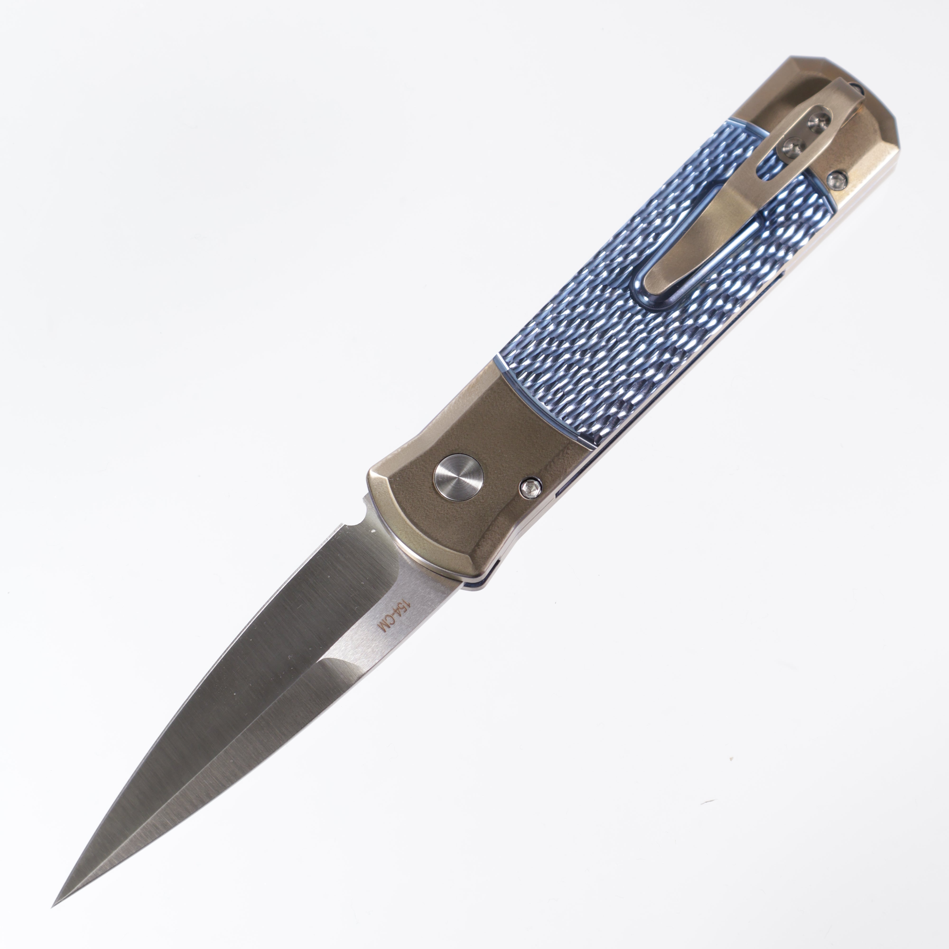 Protech Godson 2024 Custom 003 - Bronze Titanium w/ Blue Jigged center & Gold Pearl button - Satin 154CM