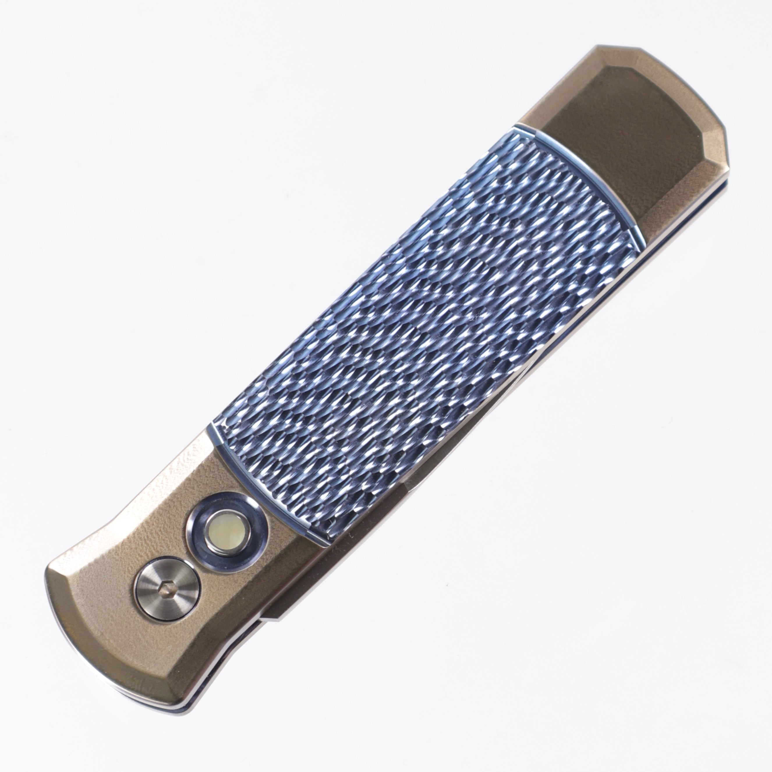 Protech Godson 2024 Custom 003 - Bronze Titanium w/ Blue Jigged center & Gold Pearl button - Satin 154CM