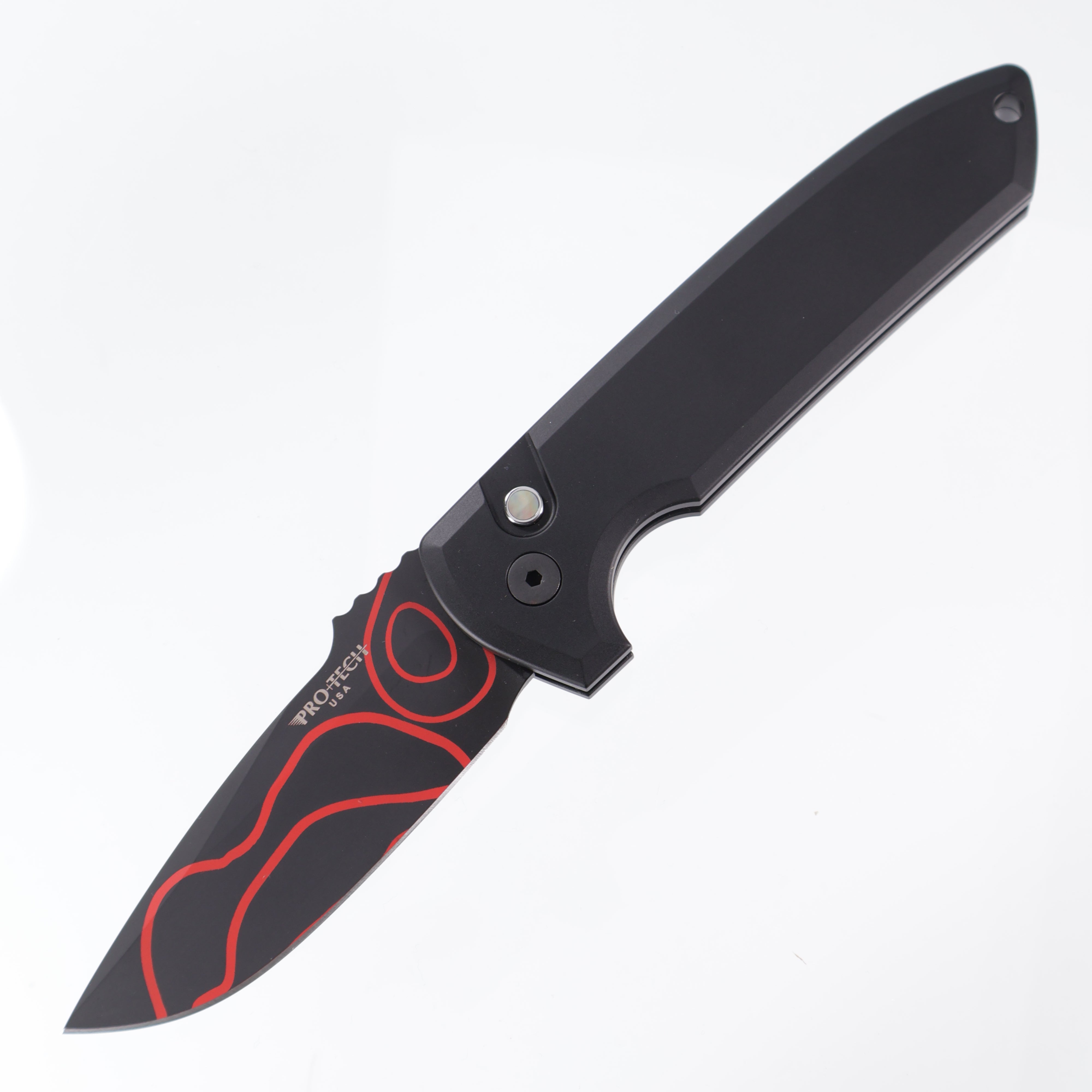 Protech Rockeye 1-off Cerakote - Black handle w/ Black Lip Pearl button inlay - Black & Red Topo blade