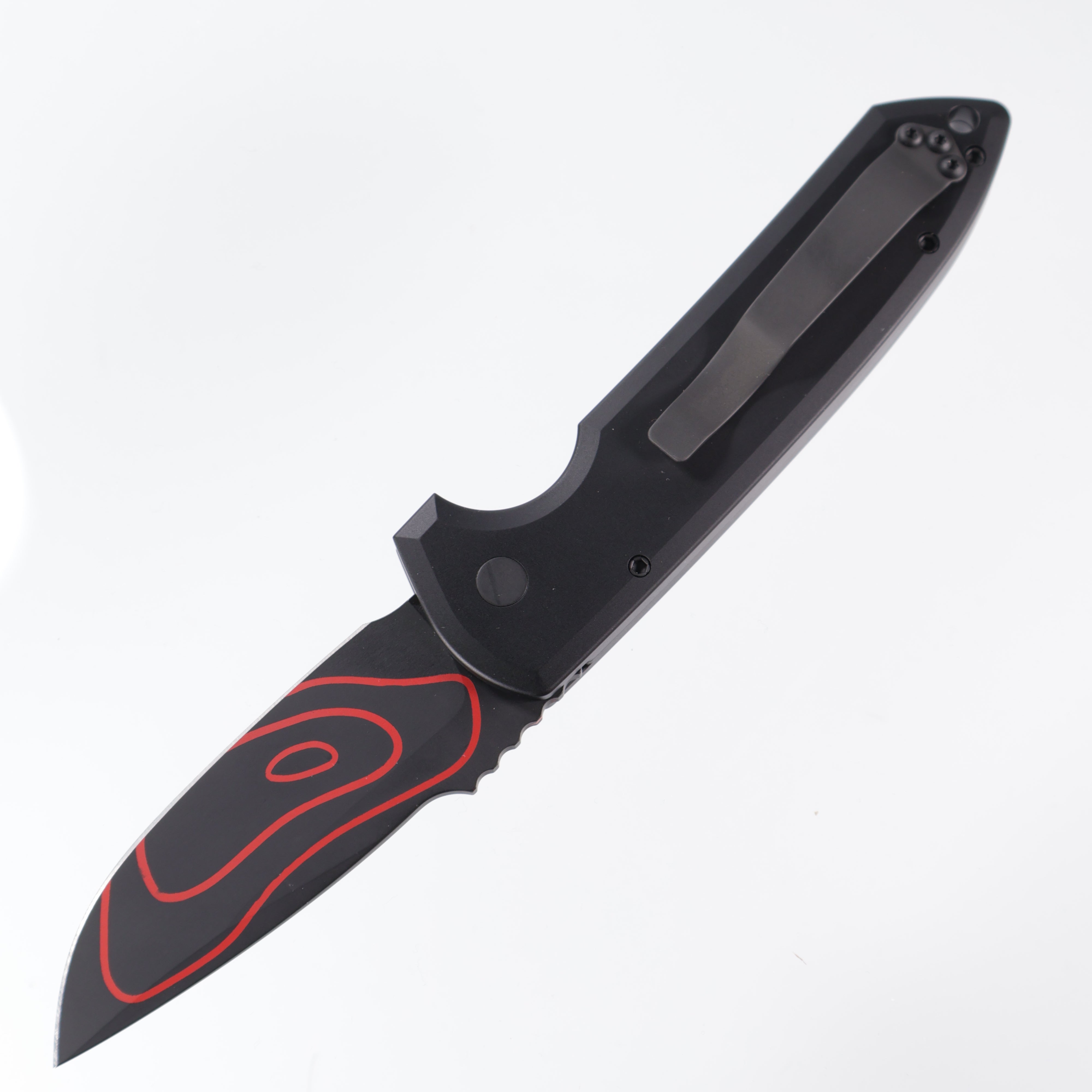 Protech Rockeye 1-off Cerakote - Black handle w/ Black Lip Pearl button inlay - Black & Red Topo blade