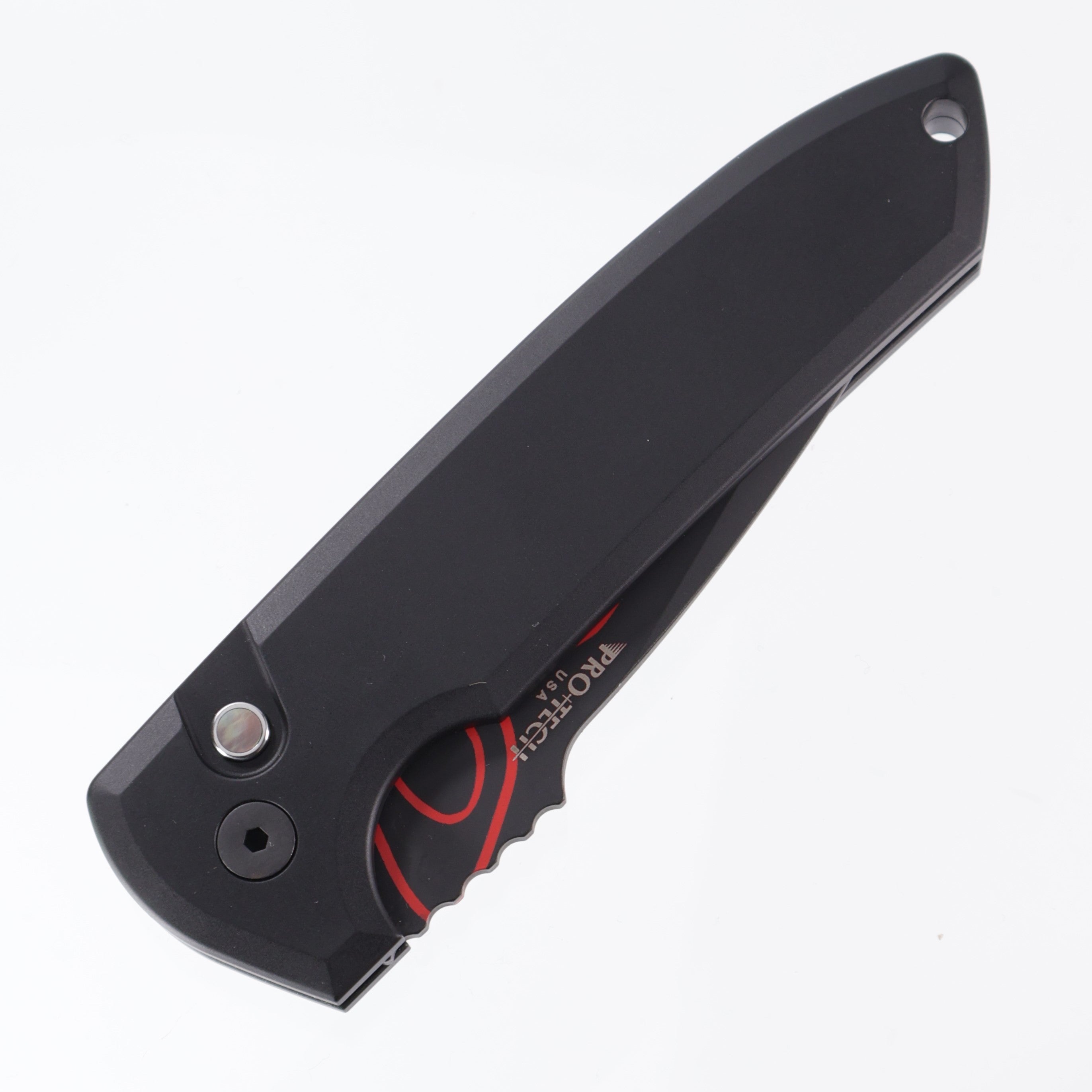 Protech Rockeye 1-off Cerakote - Black handle w/ Black Lip Pearl button inlay - Black & Red Topo blade