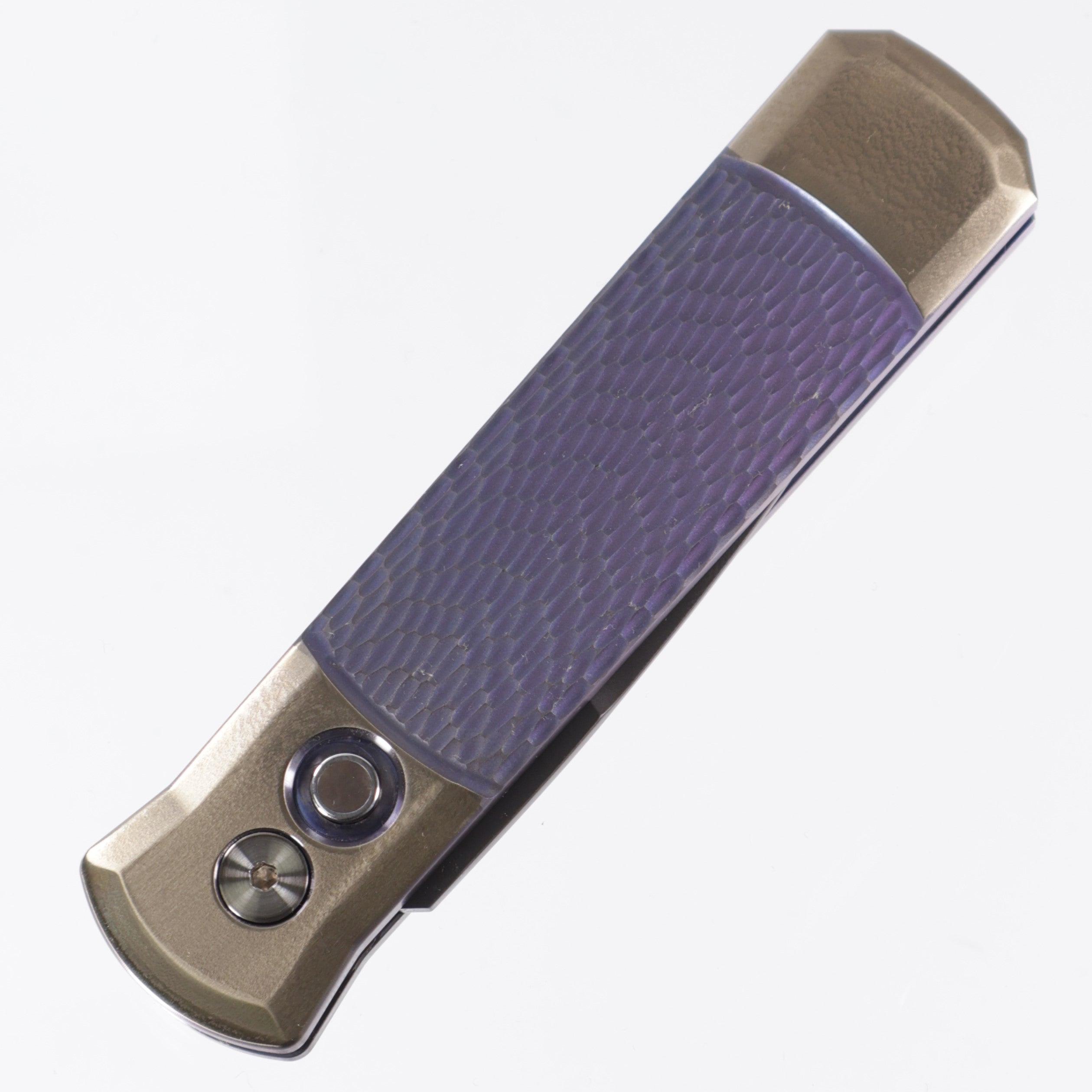 Pro-Tech Godson - Jigged Purple Titanium & Gold Anodized Bolsters - Black Lip Pearl Button - 2025 Godson Custom 003