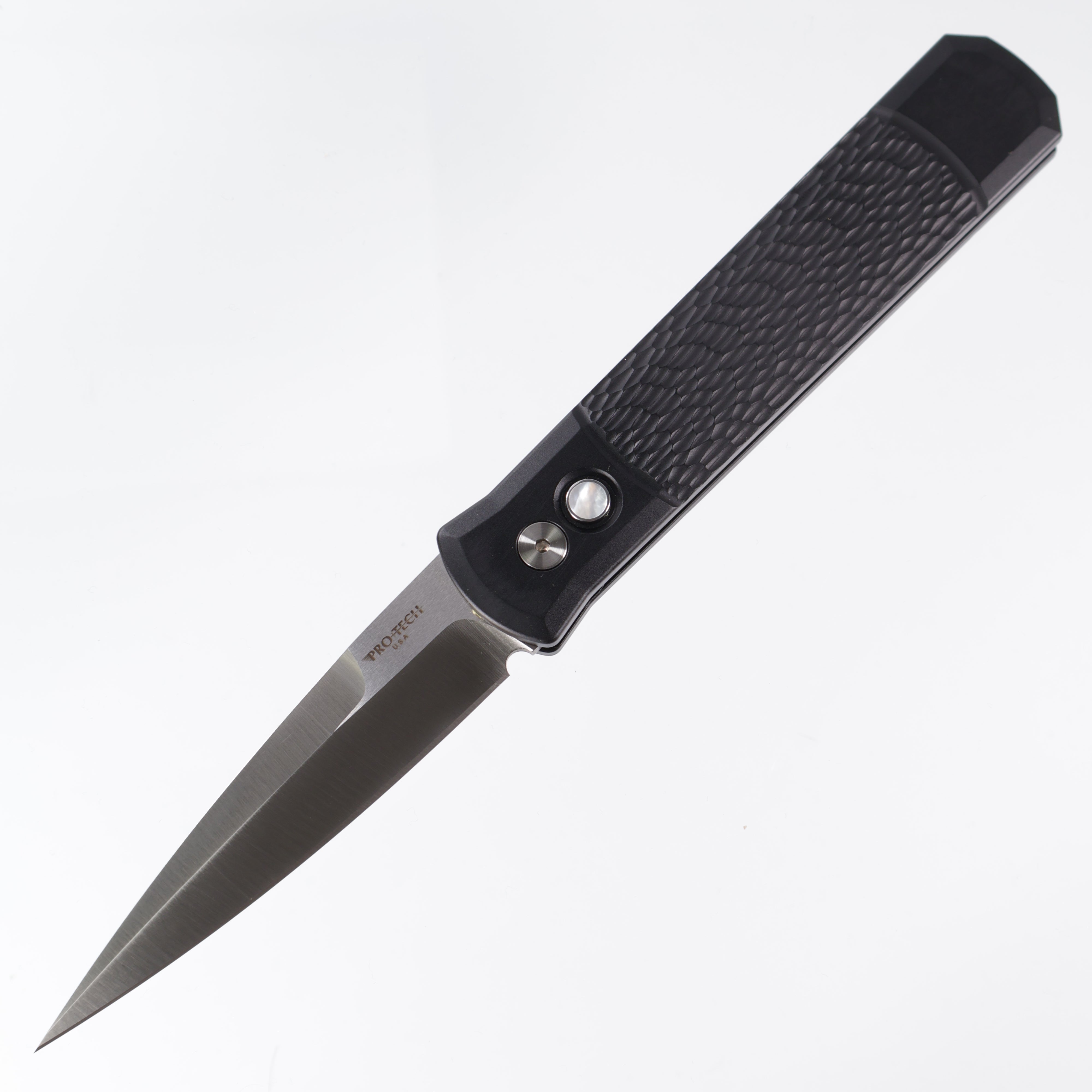 Pro-Tech Godfather - Jigged Black Aluminum w/ Mother of Pearl Button- Satin 154CM - 925-LTD