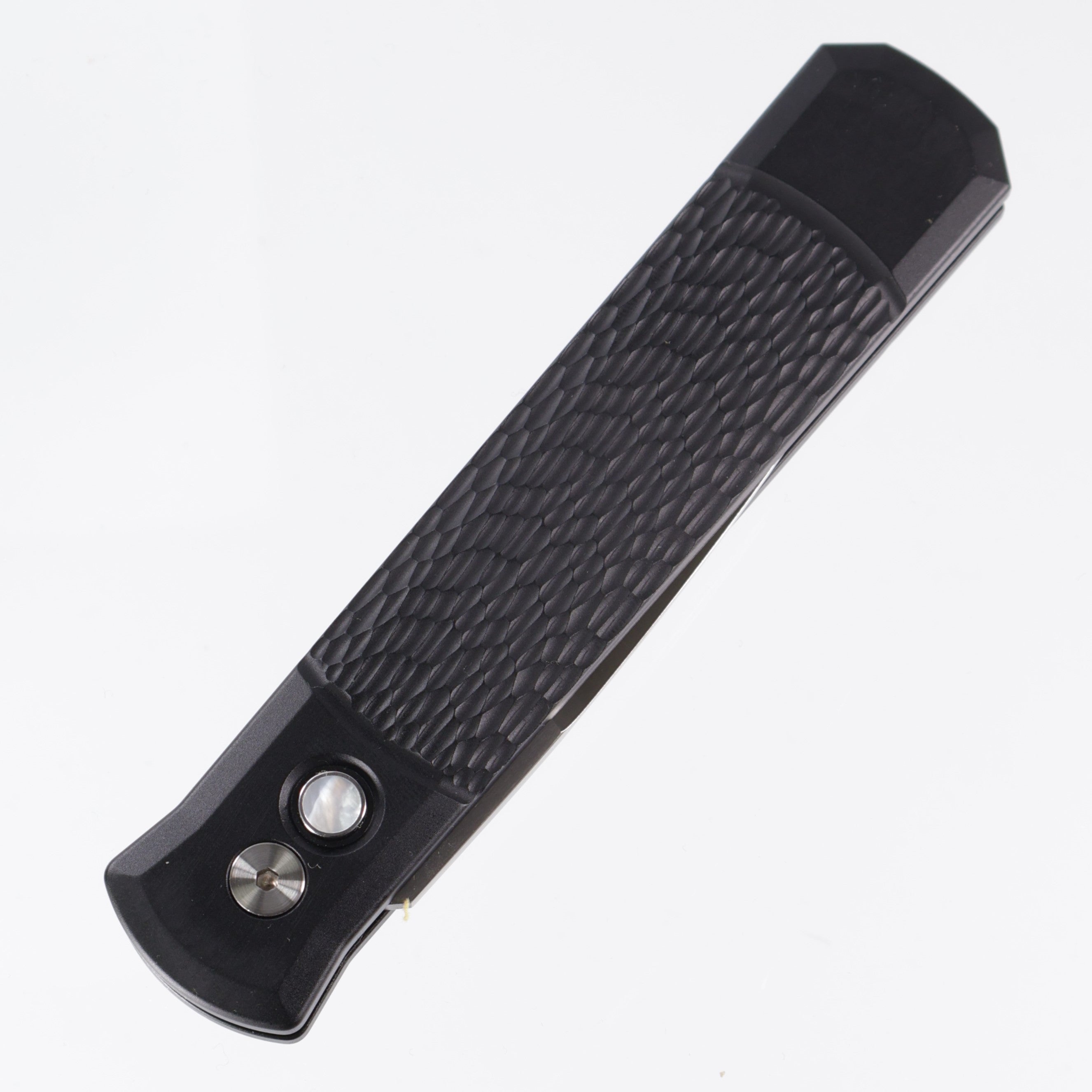 Pro-Tech Godfather - Jigged Black Aluminum w/ Mother of Pearl Button- Satin 154CM - 925-LTD