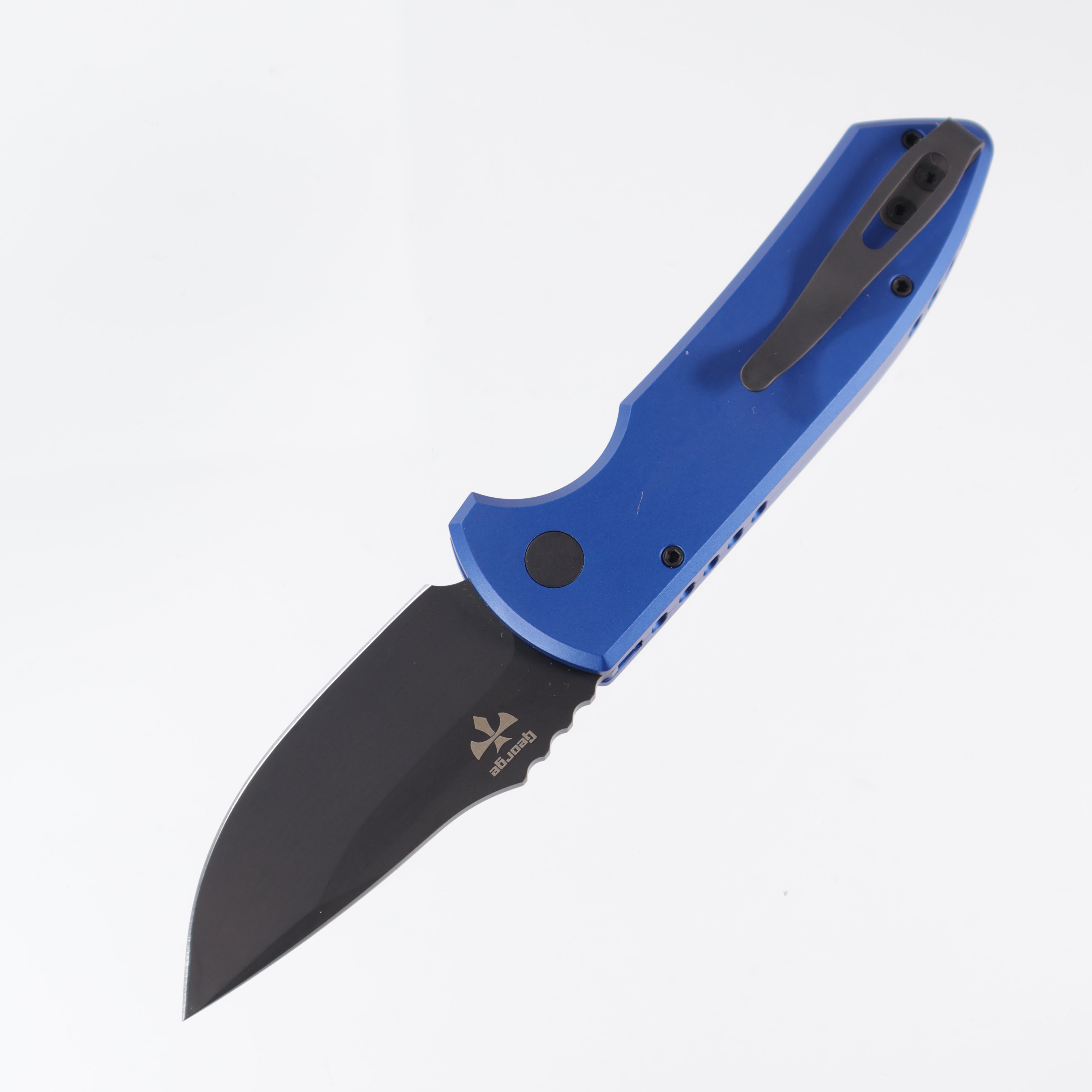 Pro-Tech LG403 Les George SBR Short Bladed Rockeye AUTO Folding Knife 2.5" S35VN Black DLC Plain Blade, Blue Aluminum Handles - LG403-Blue