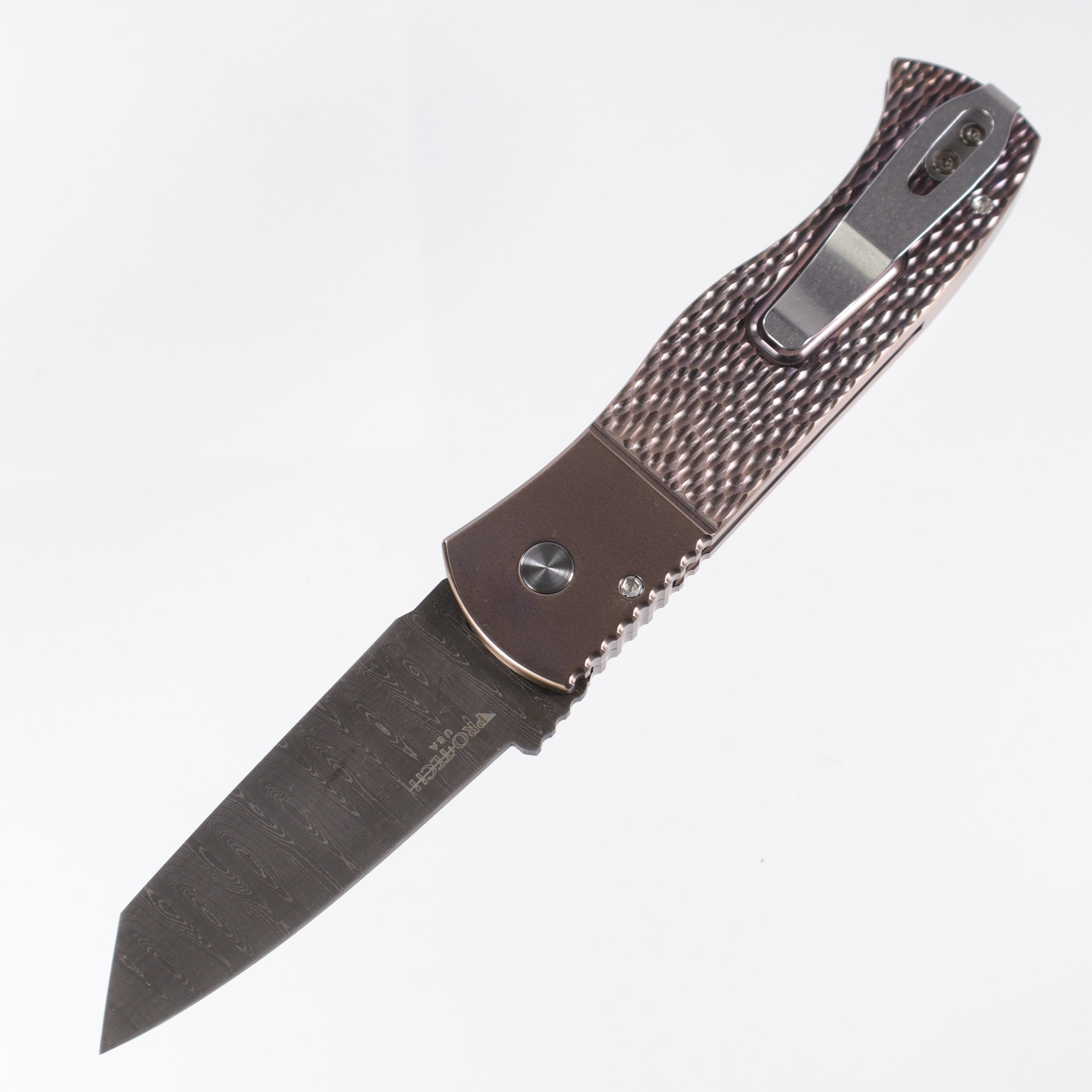 Protech 2025 Emerson Custom 002 - Jigged Titanium Burnt Bronze anodize - Black Lip Pearl button - Chad Nichols Damascus Chisel Tanto