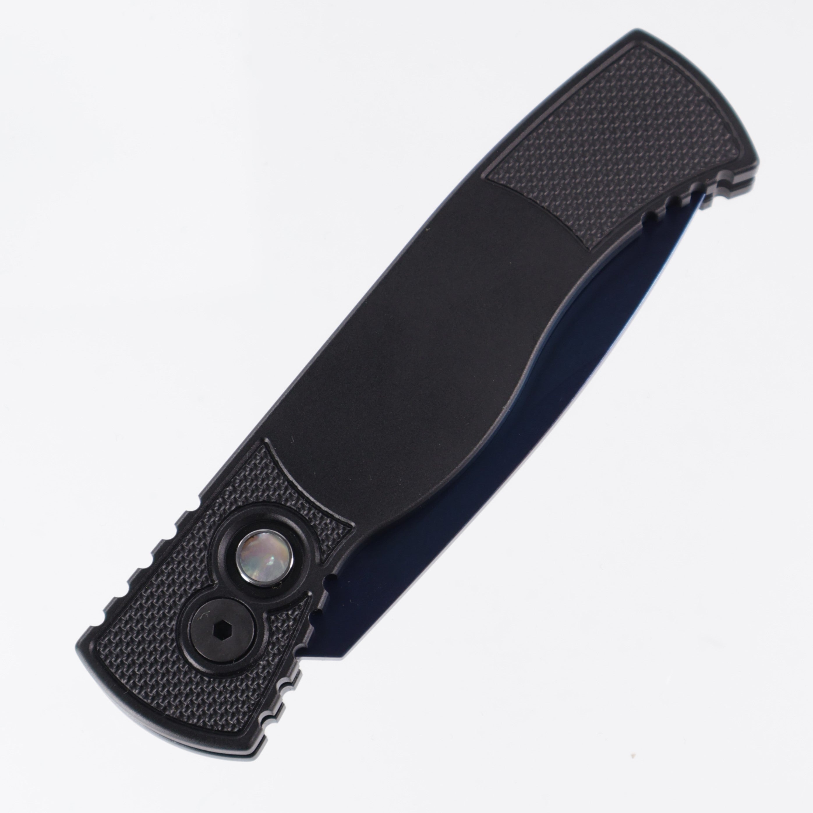 Pro-Tech TR-2 - Black Aluminum w/ Textured Corners - Mother of Pearl Button - Sapphire PVD Magnacut - T203-SB
