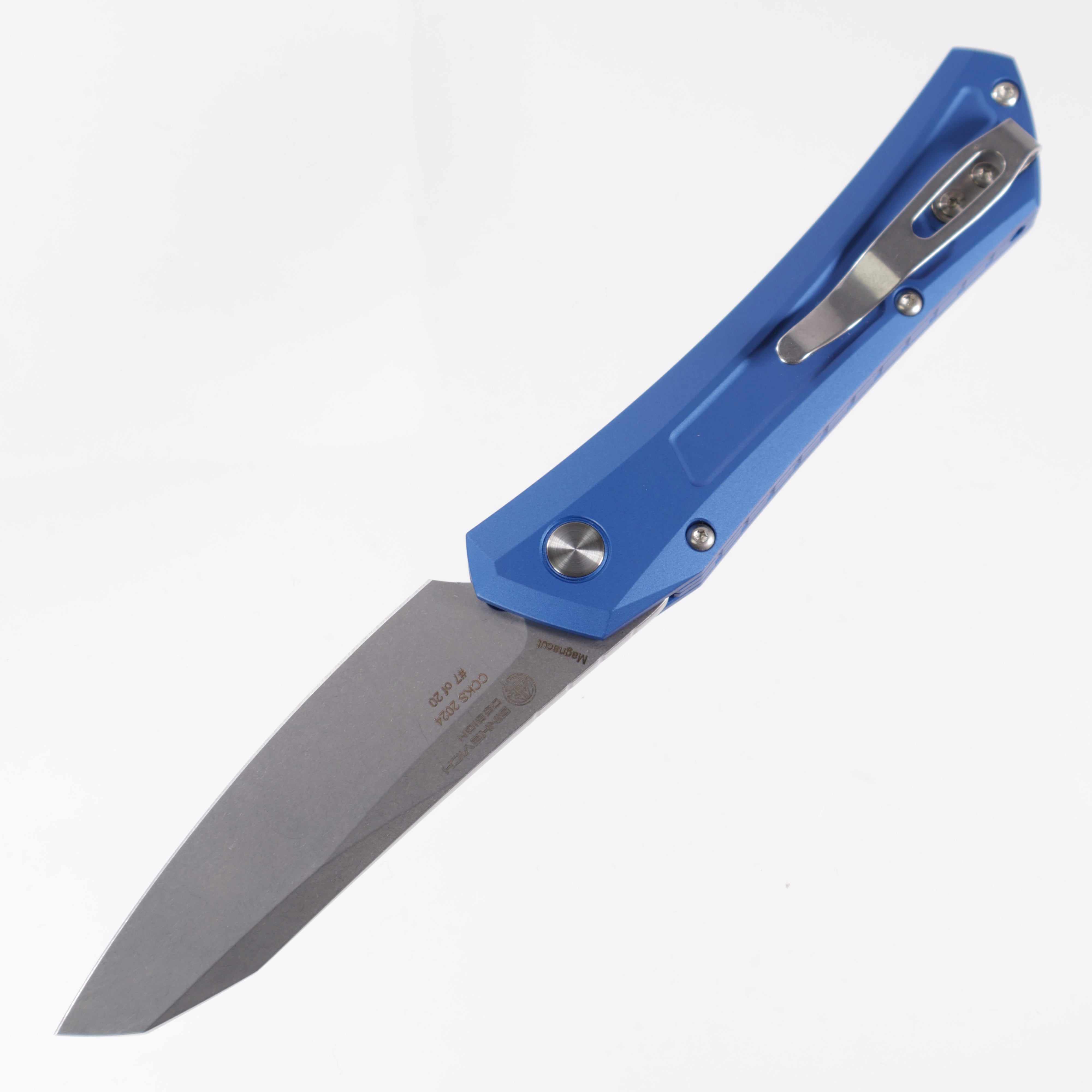 Pro-Tech Oligarch - Blue Aluminum w/ Gold Lip Pearl Button - Stonewash Magnacut - 2024 CCKS FALL DS101-BLUE