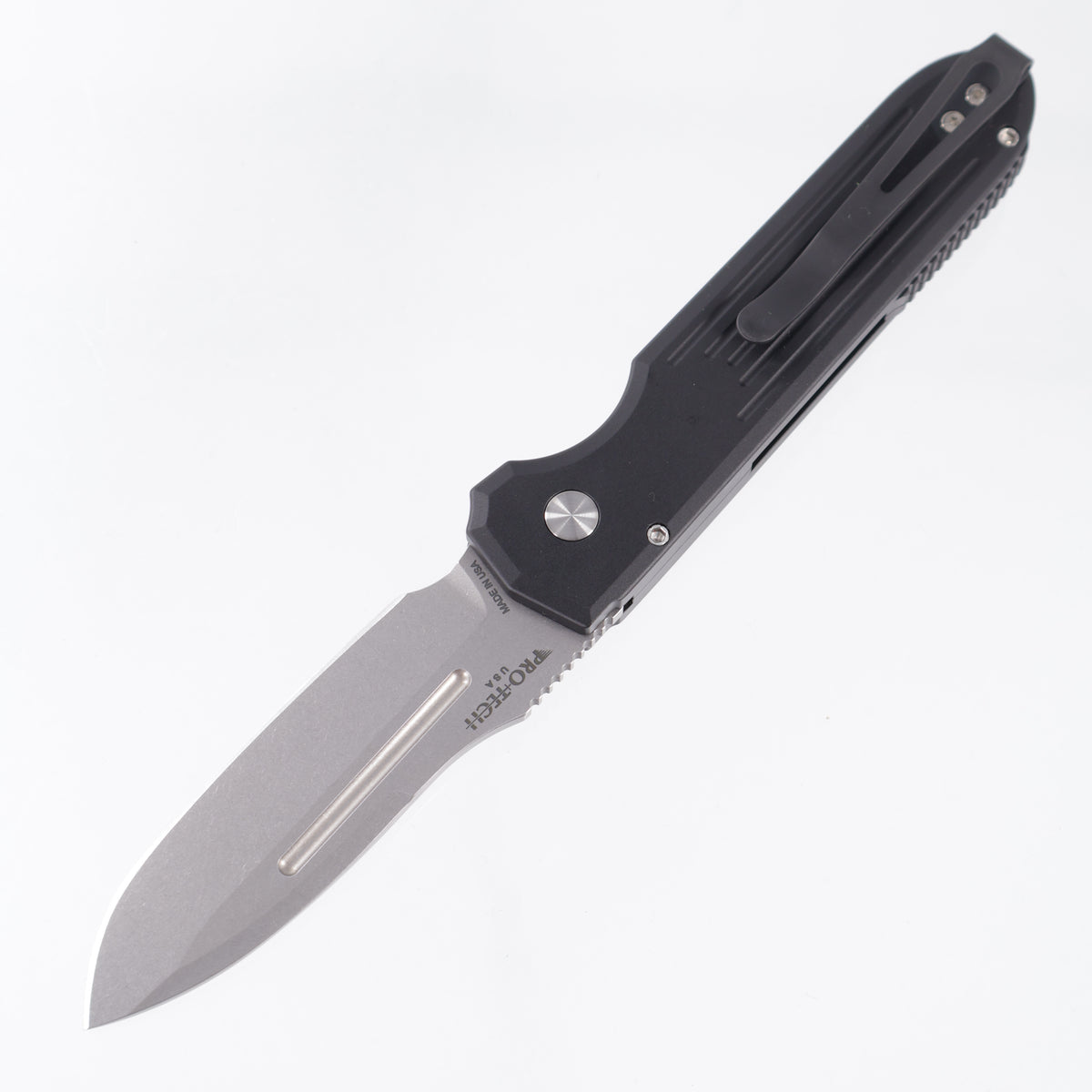 Pro-Tech PDW Invictus Auto - Black Aluminum w/ Steel Safety & Red G10 Button - Stonewash Magnacut - 1804