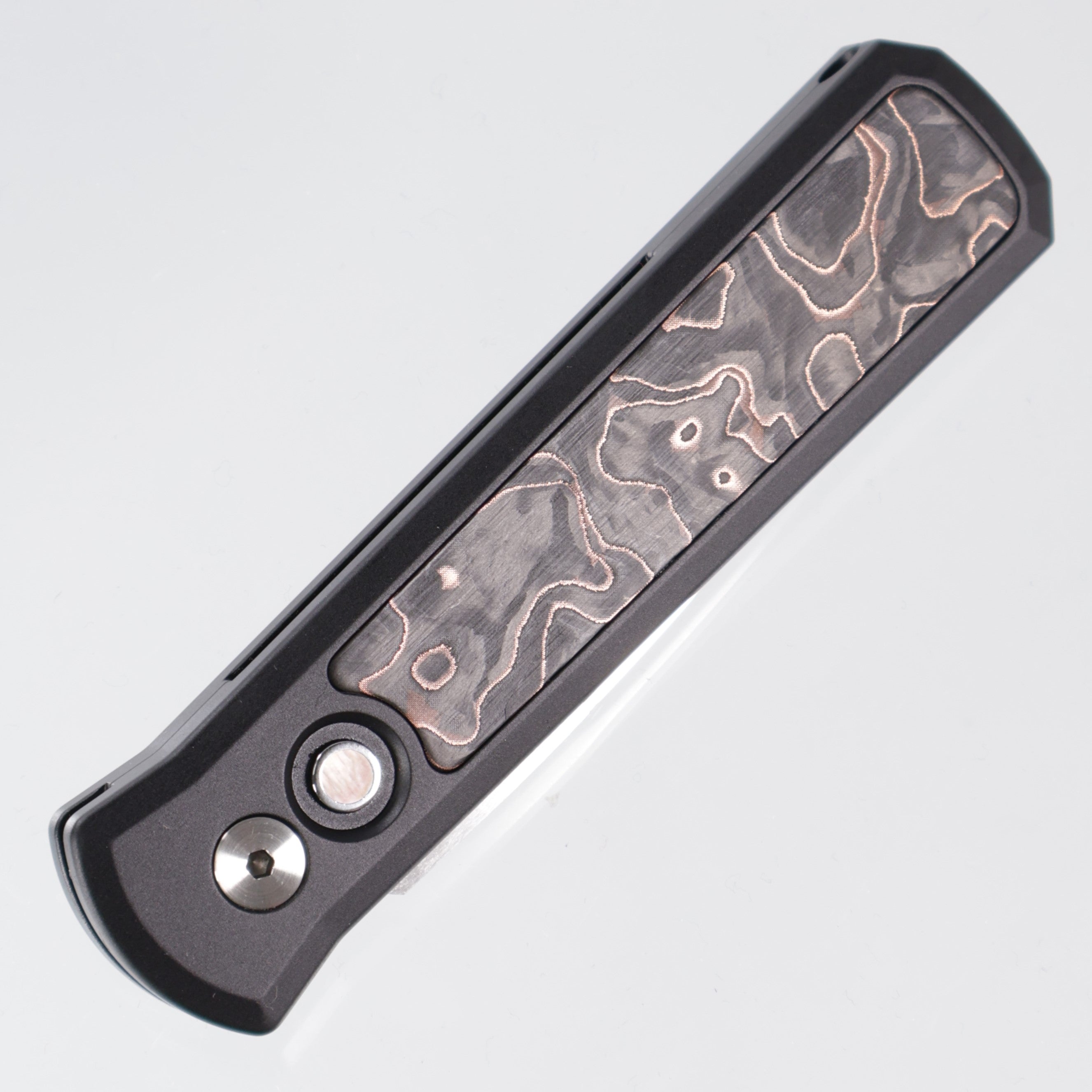 Pro-Tech Godson - Black Aluminum w/ Livewire Copper Carbon Fiber Inlay - Black Lip Pearl Button - Satin 20CV - 7210 Livewire