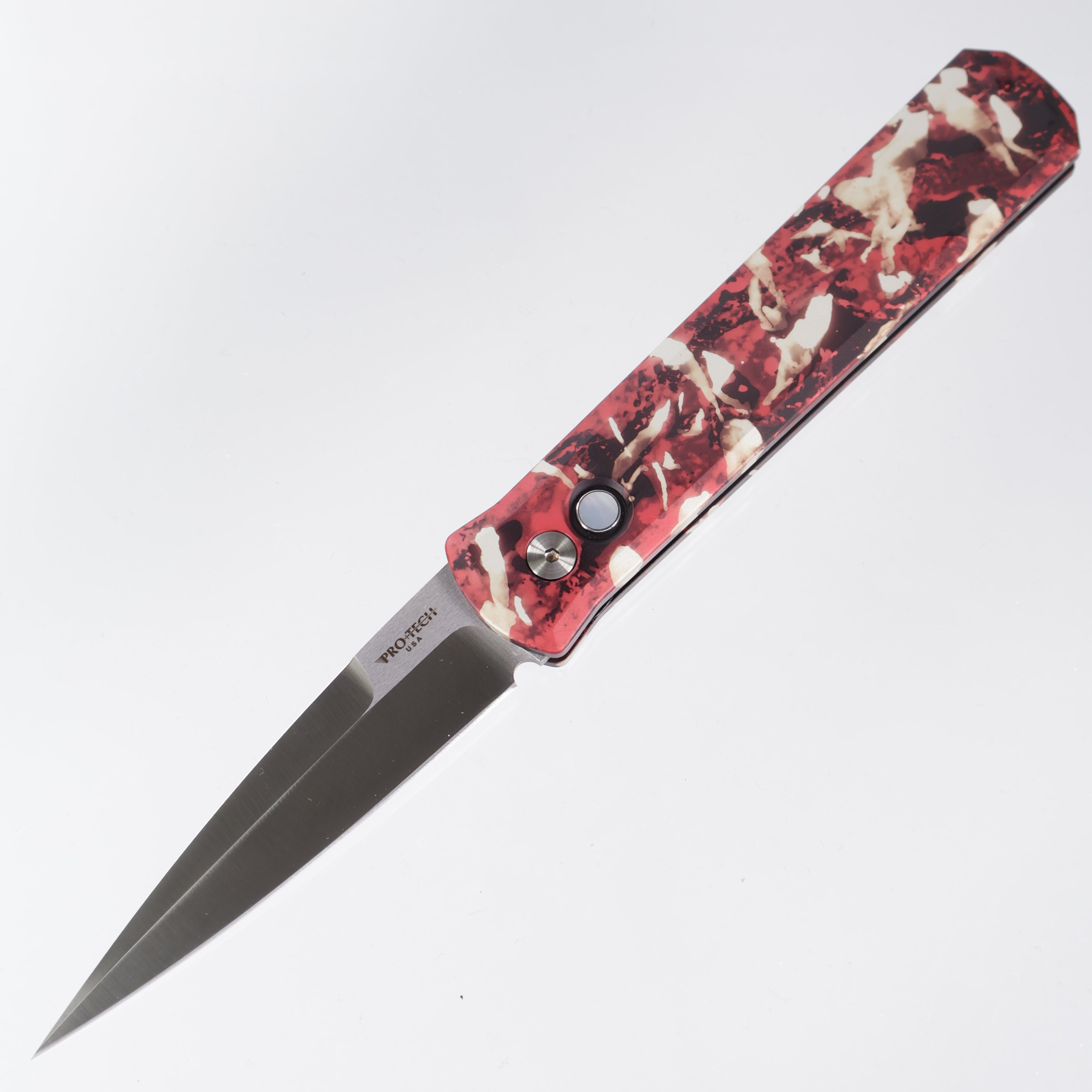 Pro-Tech Godfather - Crimson Tiger Camo Anodized Aluminum w/ Mother of Pearl Button - Satin 154CM - 921-Satin CTC