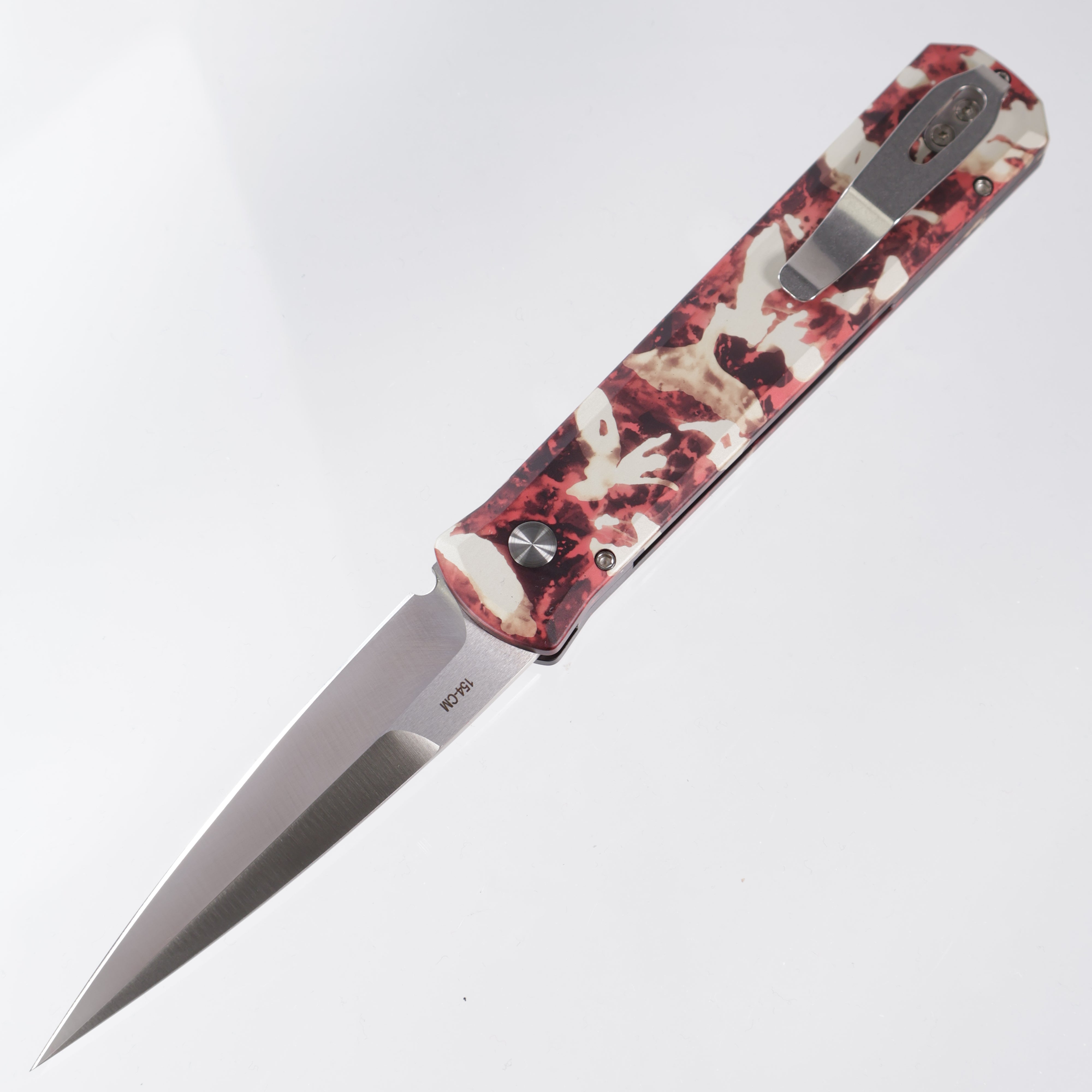 Pro-Tech Godfather - Crimson Tiger Camo Anodized Aluminum w/ Mother of Pearl Button - Satin 154CM - 921-Satin CTC