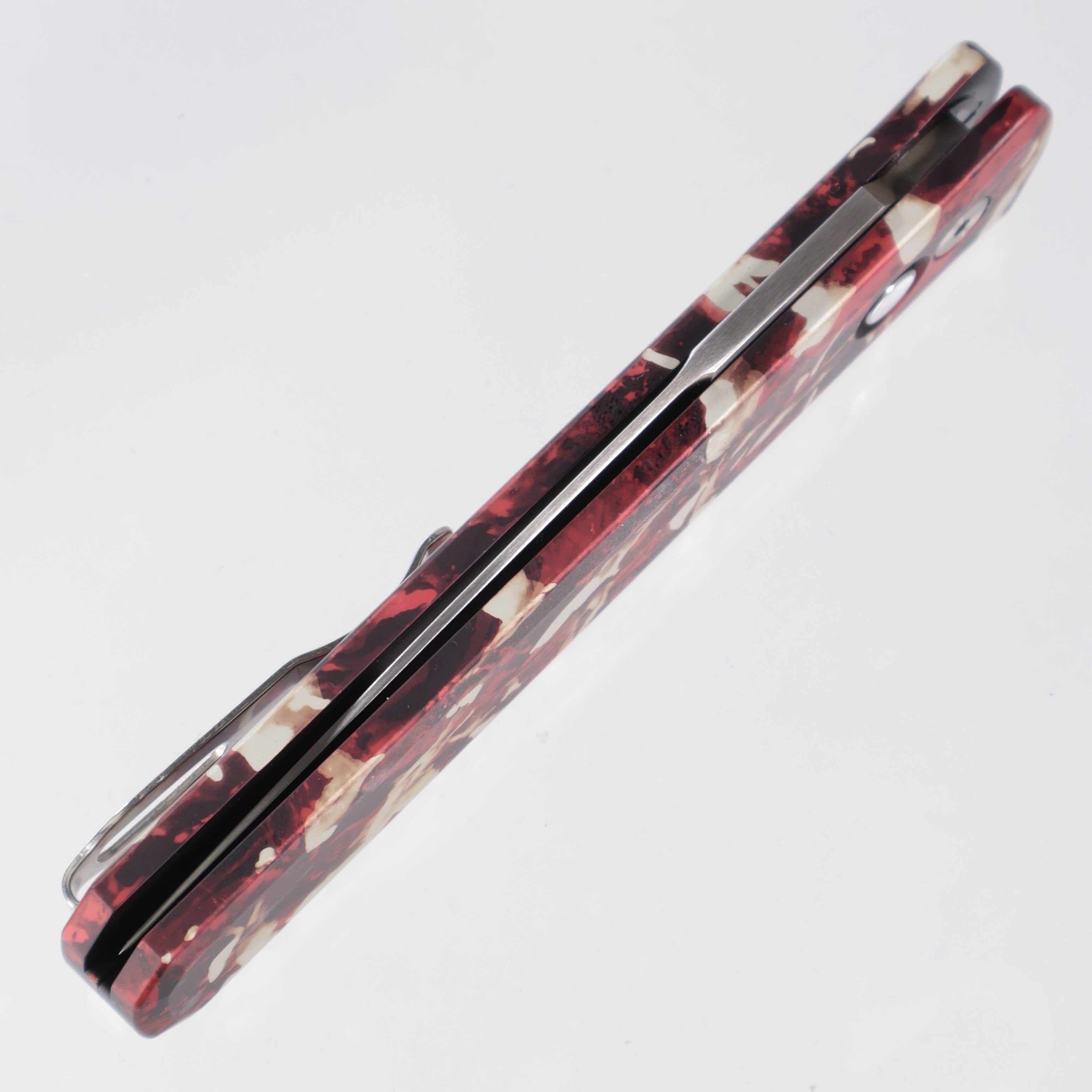 Pro-Tech Godfather - Crimson Tiger Camo Anodized Aluminum w/ Mother of Pearl Button - Satin 154CM - 921-Satin CTC
