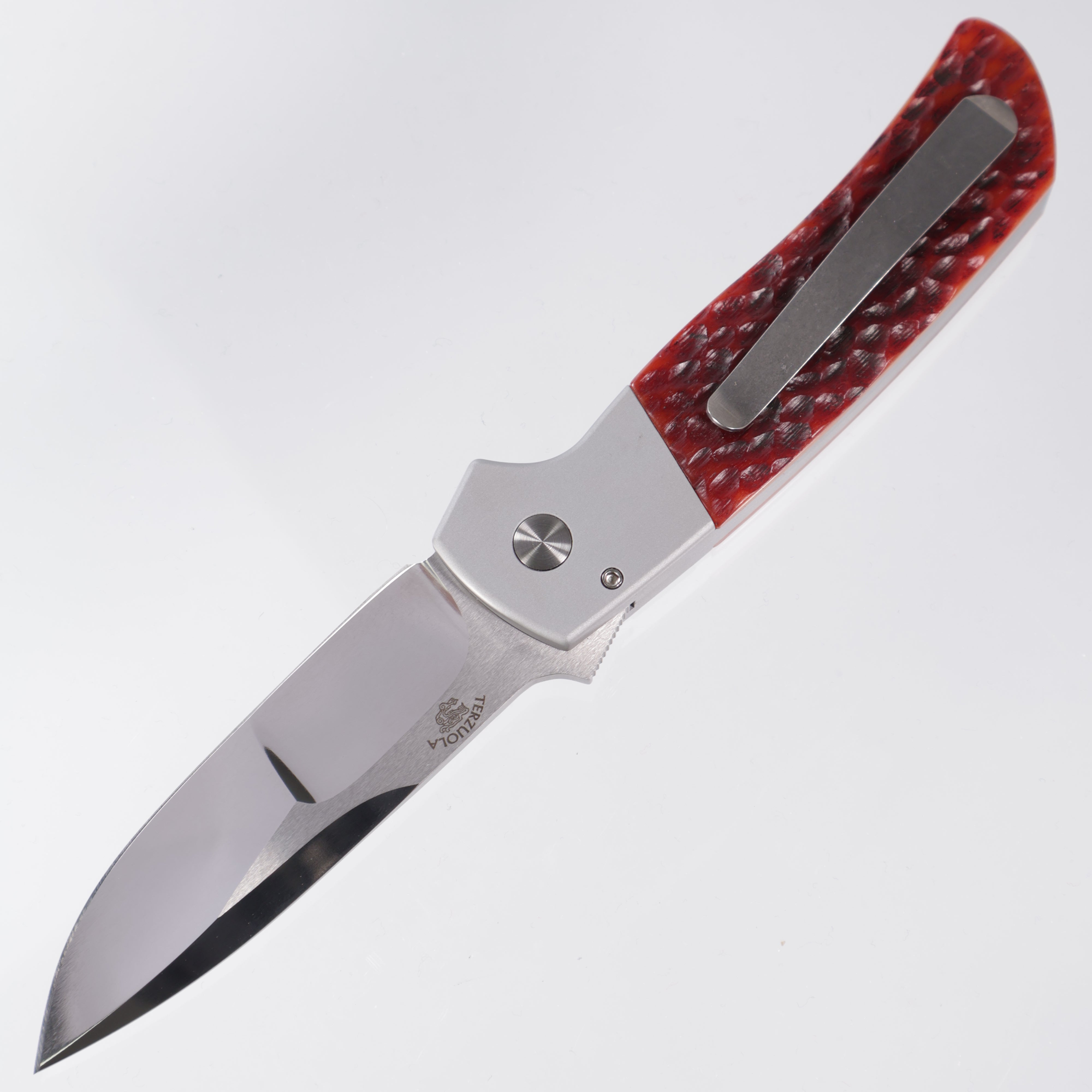 Protech 2025 ATCF Custom 003 - Grey Handle w/ Jigged Bone Inlay & Mosaic Pin Button - Mike Irie Mirror Polish