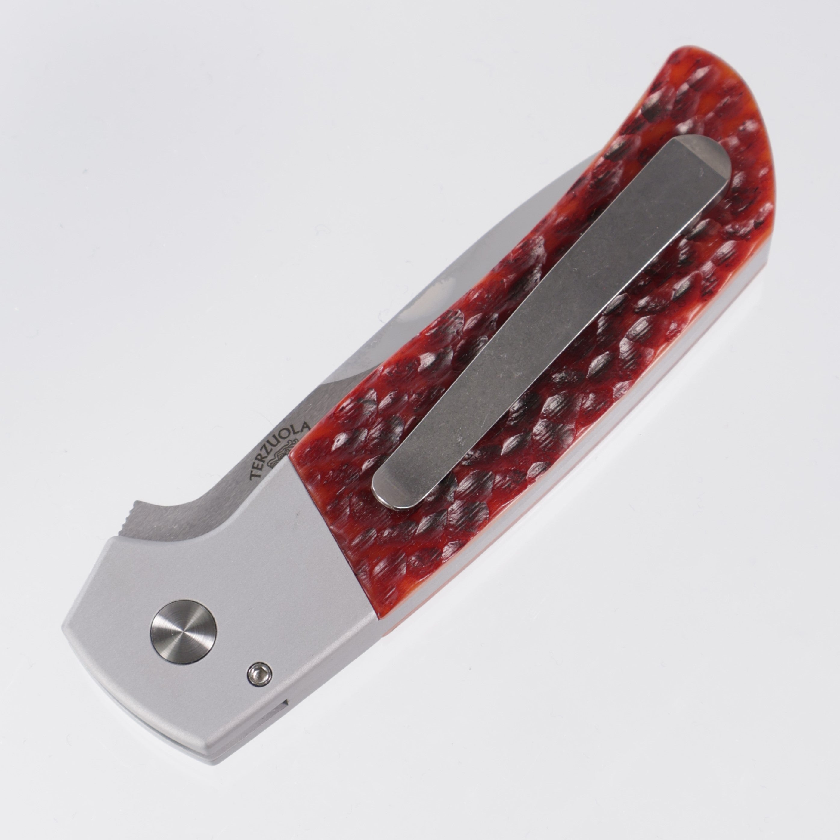 Protech 2025 ATCF Custom 003 - Grey Handle w/ Jigged Bone Inlay & Mosaic Pin Button - Mike Irie Mirror Polish