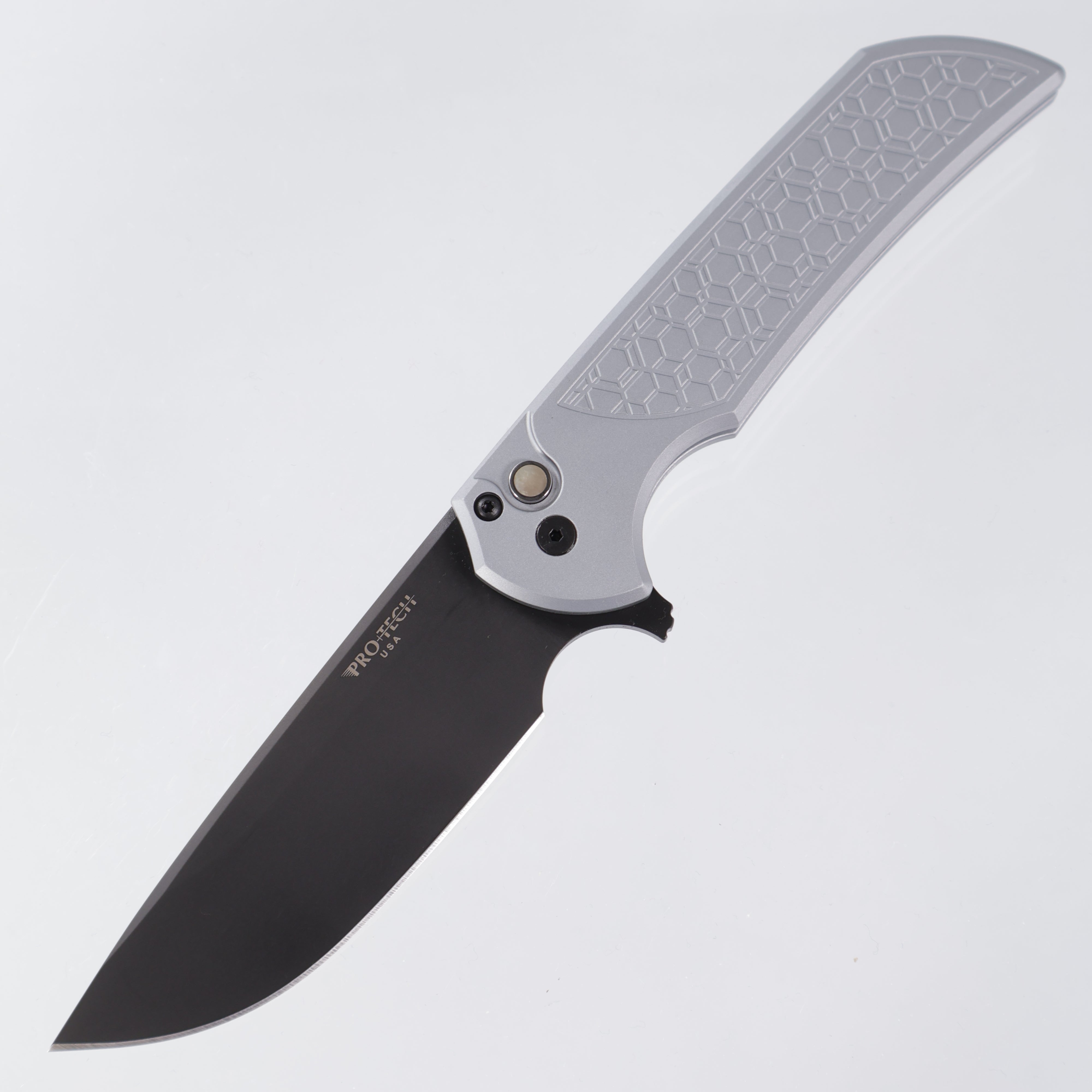 Protech Mordax NYCKS.Mordax.1 - Grey Handle w/ Gridlock texture & Black Lip Pearl button - DLC Magnacut