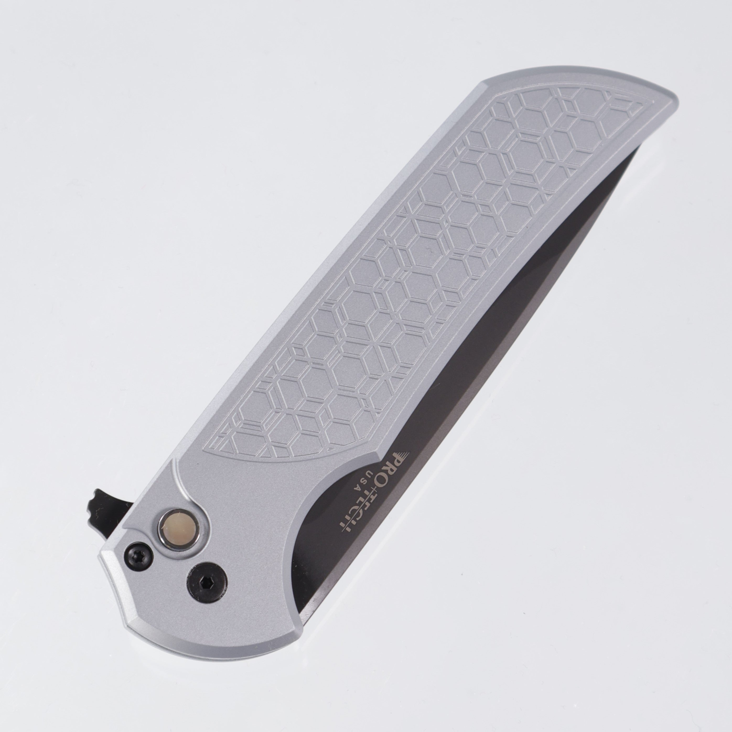 Protech Mordax NYCKS.Mordax.1 - Grey Handle w/ Gridlock texture & Black Lip Pearl button - DLC Magnacut