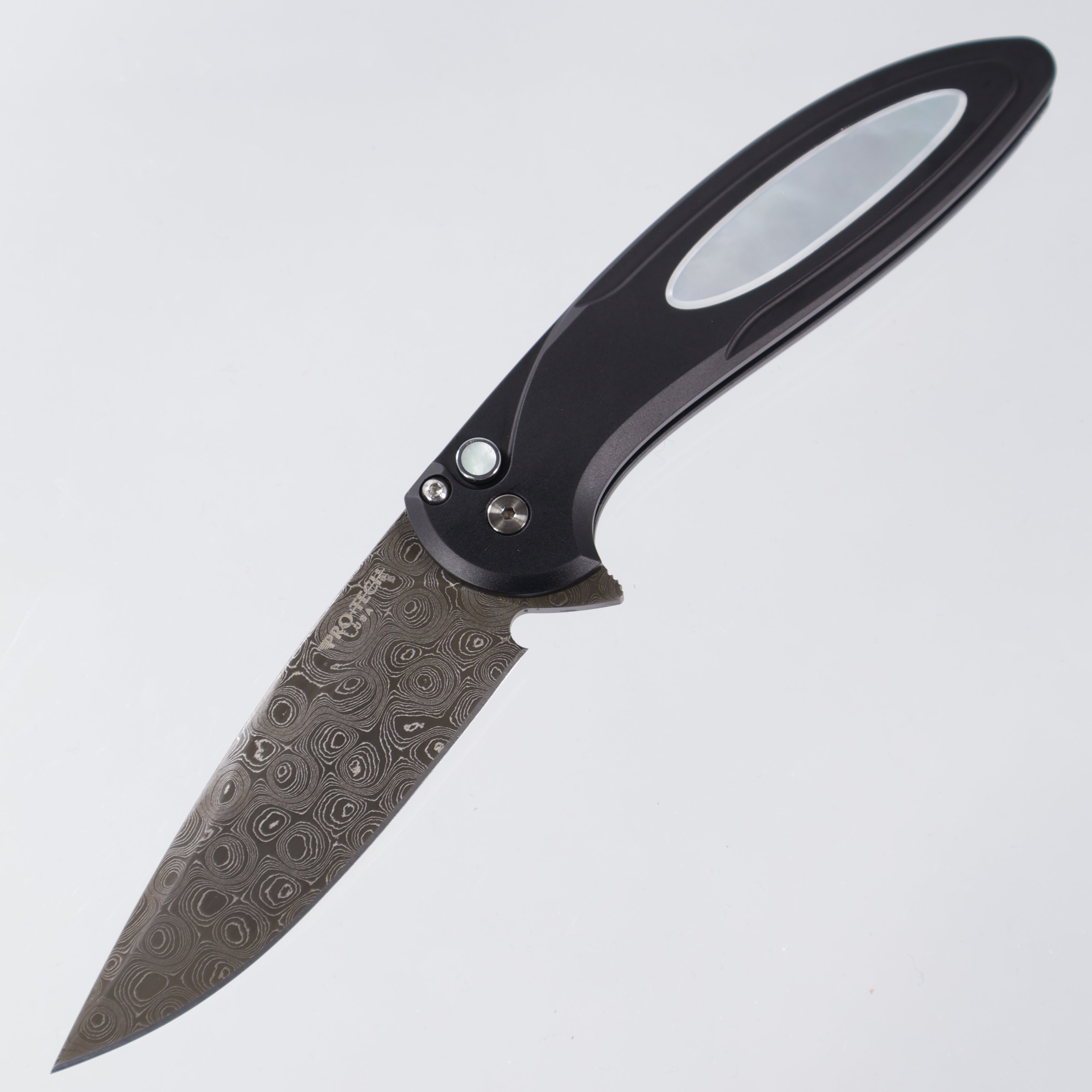 Protech Cambria 2 2025 Custom 010 - Black Handle w/ Mother Of Pearl Inlay & Mother Of  Pearl Button - Nichols Stainless Raindrop Damascus