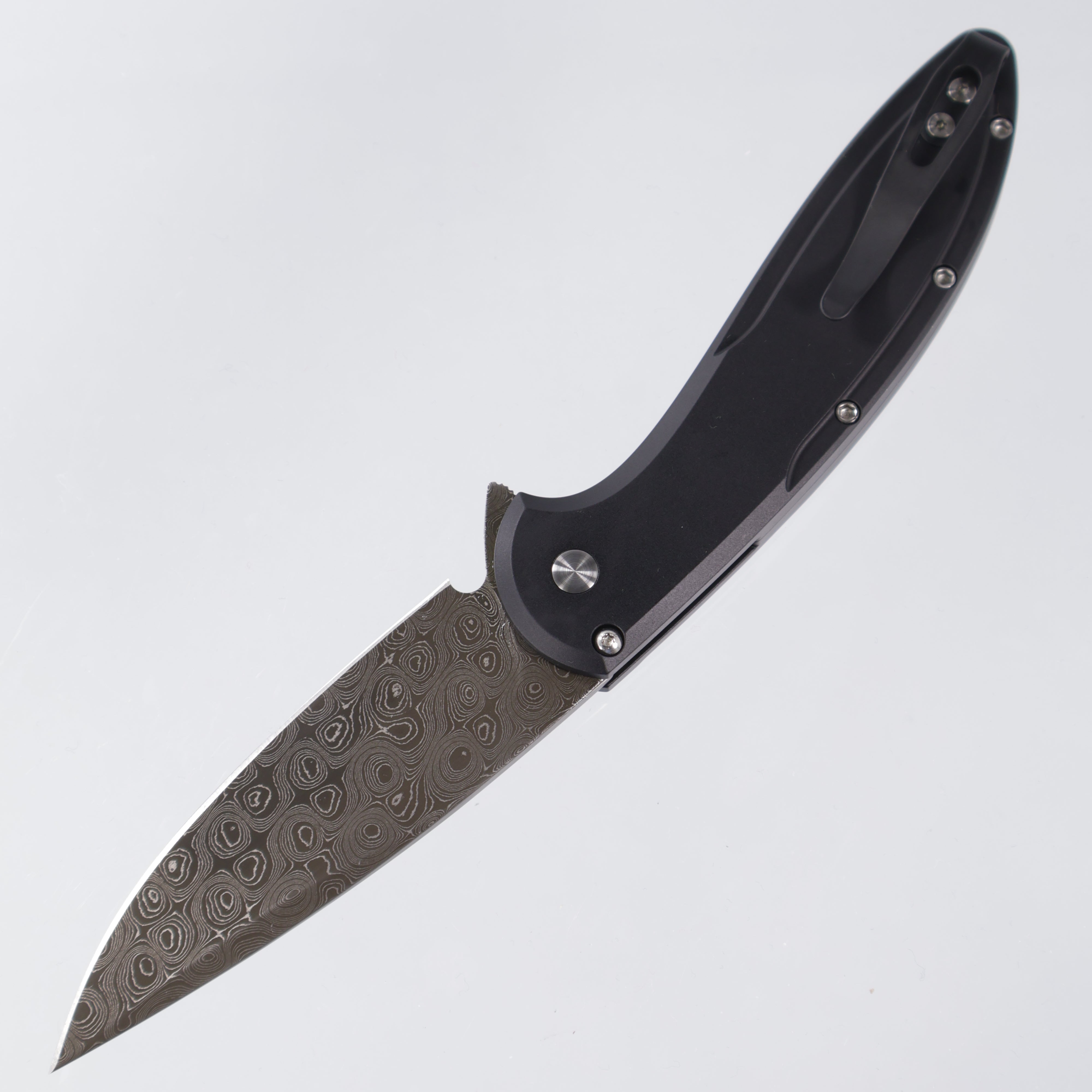 Protech Cambria 2 2025 Custom 010 - Black Handle w/ Mother Of Pearl Inlay & Mother Of  Pearl Button - Nichols Stainless Raindrop Damascus