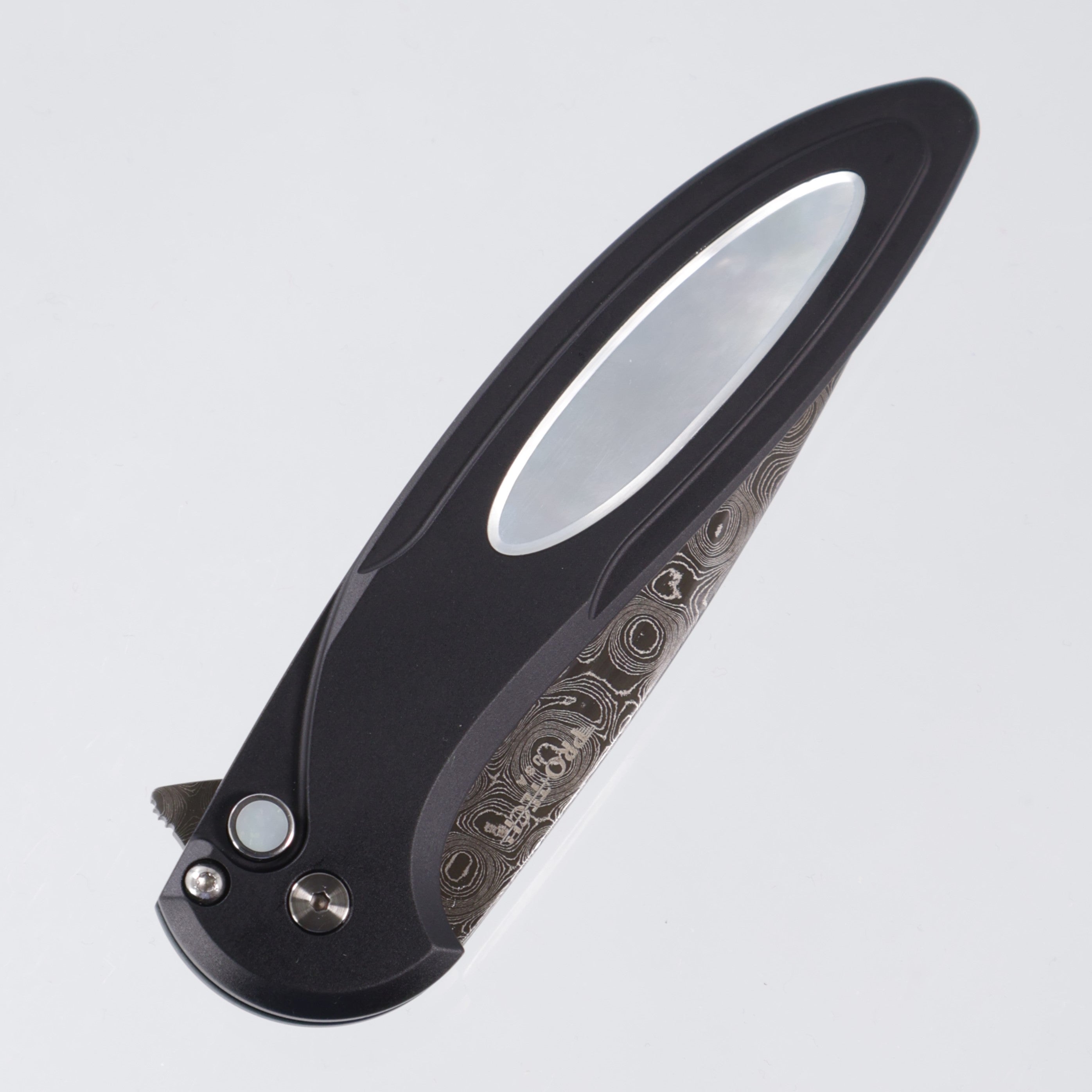 Protech Cambria 2 2025 Custom 010 - Black Handle w/ Mother Of Pearl Inlay & Mother Of  Pearl Button - Nichols Stainless Raindrop Damascus