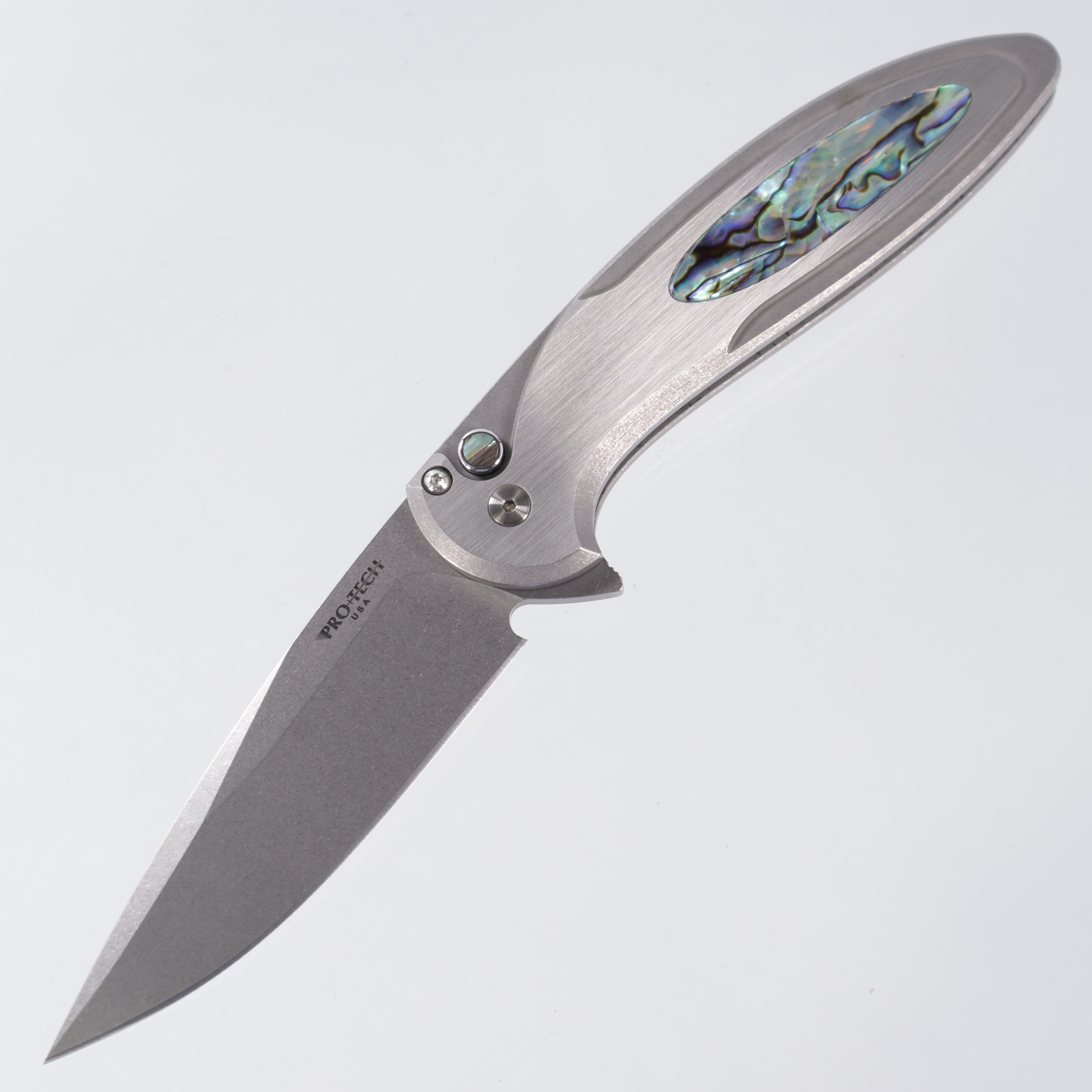 Protech Cambria 2 2025 Custom 011 - Stainless Steel Handle w/ Abalone inlay & Abalone button inlay - Stonewash Magnacut