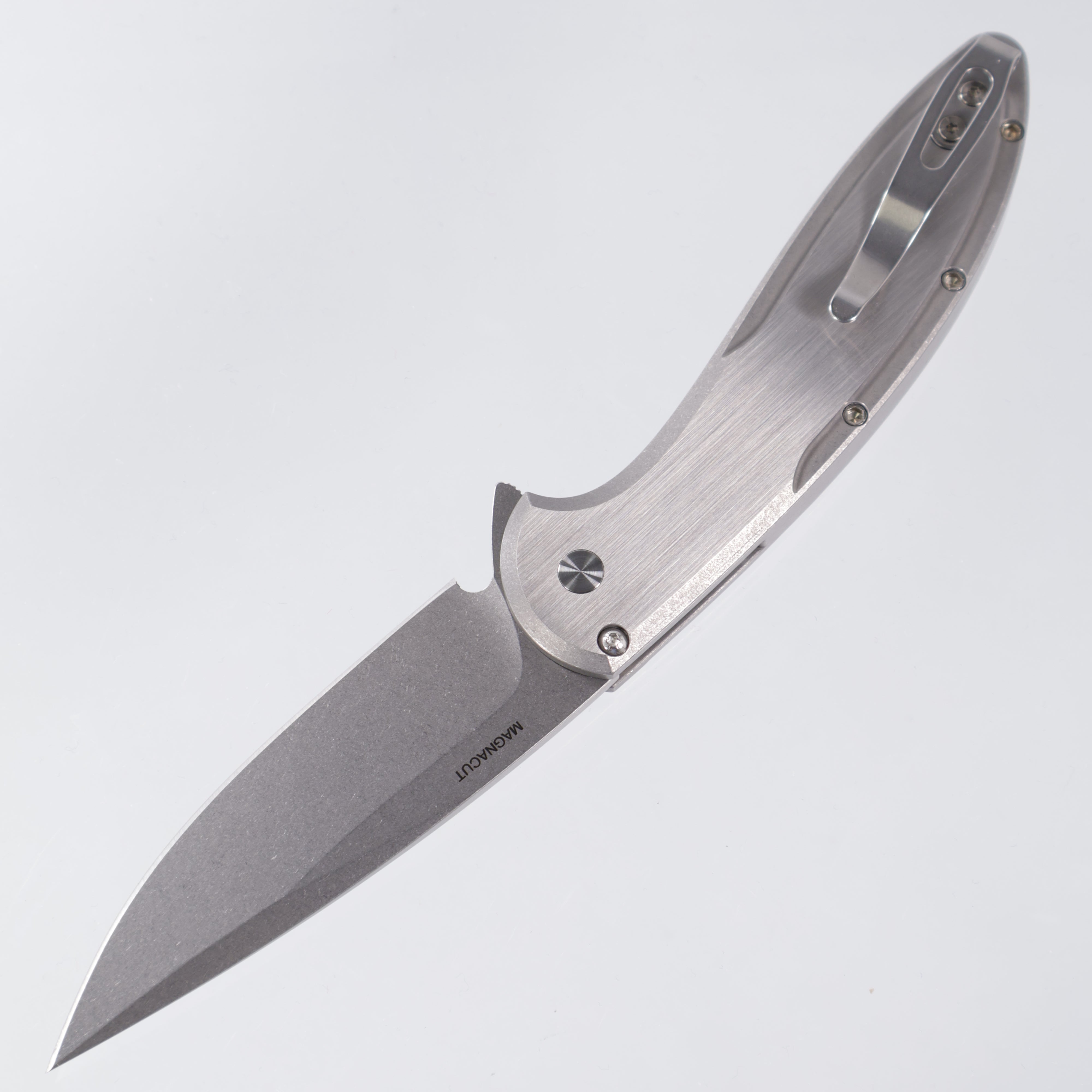 Protech Cambria 2 2025 Custom 011 - Stainless Steel Handle w/ Abalone inlay & Abalone button inlay - Stonewash Magnacut