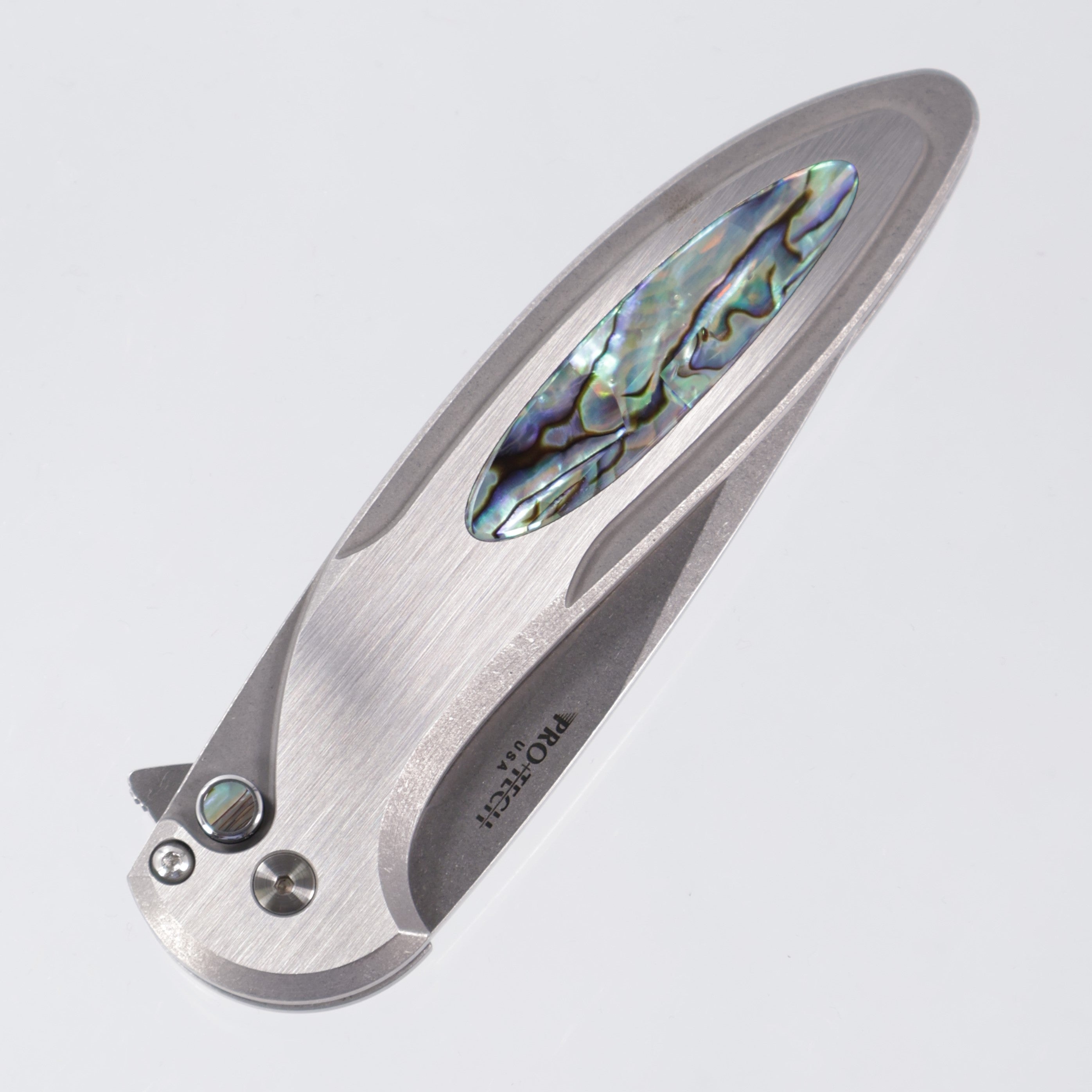 Protech Cambria 2 2025 Custom 011 - Stainless Steel Handle w/ Abalone inlay & Abalone button inlay - Stonewash Magnacut