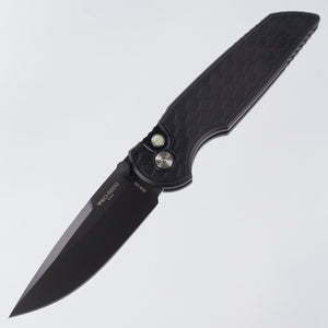 Pro-Tech TR-3 Integrity - Black Aluminum w/ Reptile Milling & Gold Lip Pearl Button - DLC S35VN - NYCKS.INT.3