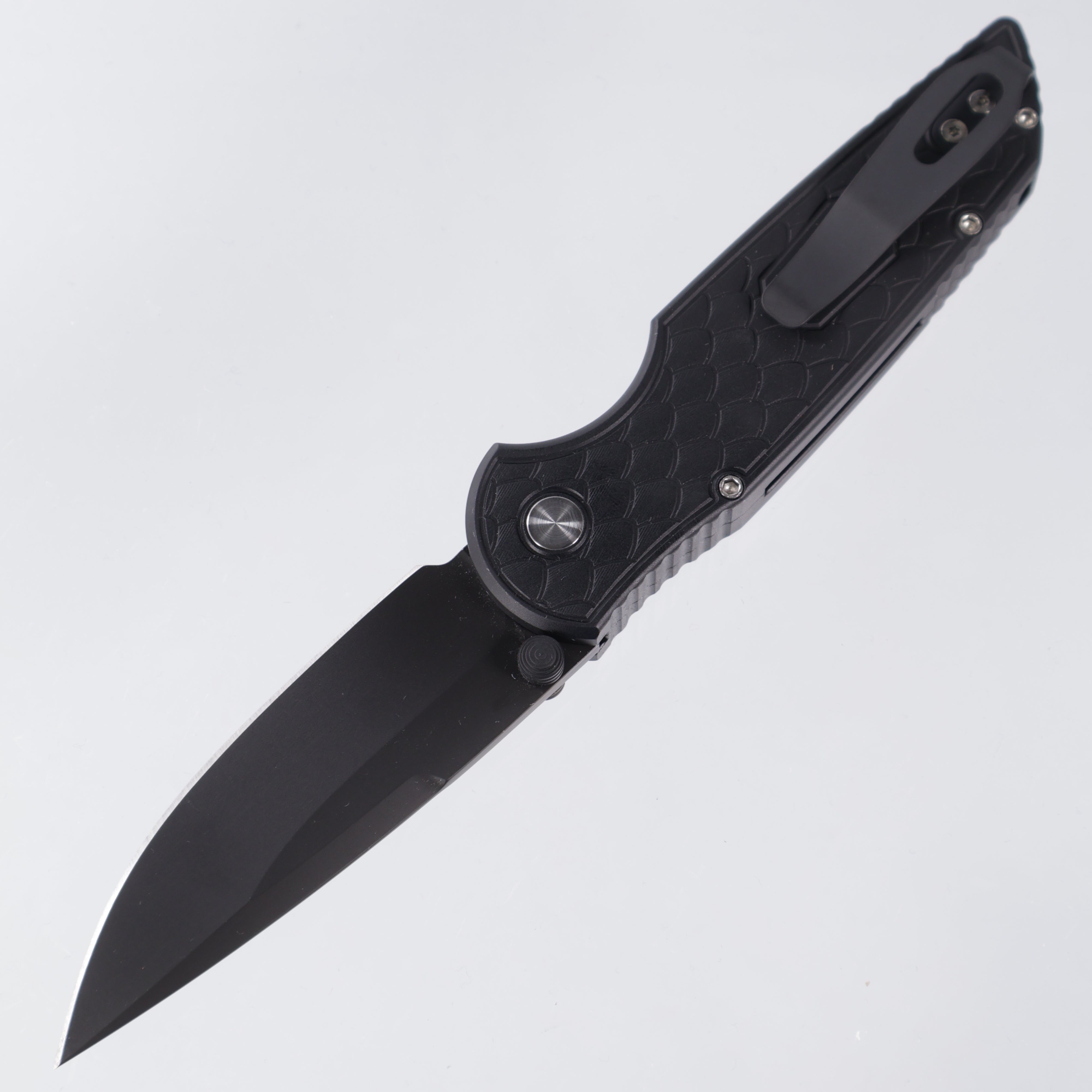 Pro-Tech TR-3 Integrity - Black Aluminum w/ Reptile Milling & Gold Lip Pearl Button - DLC S35VN - NYCKS.INT.3