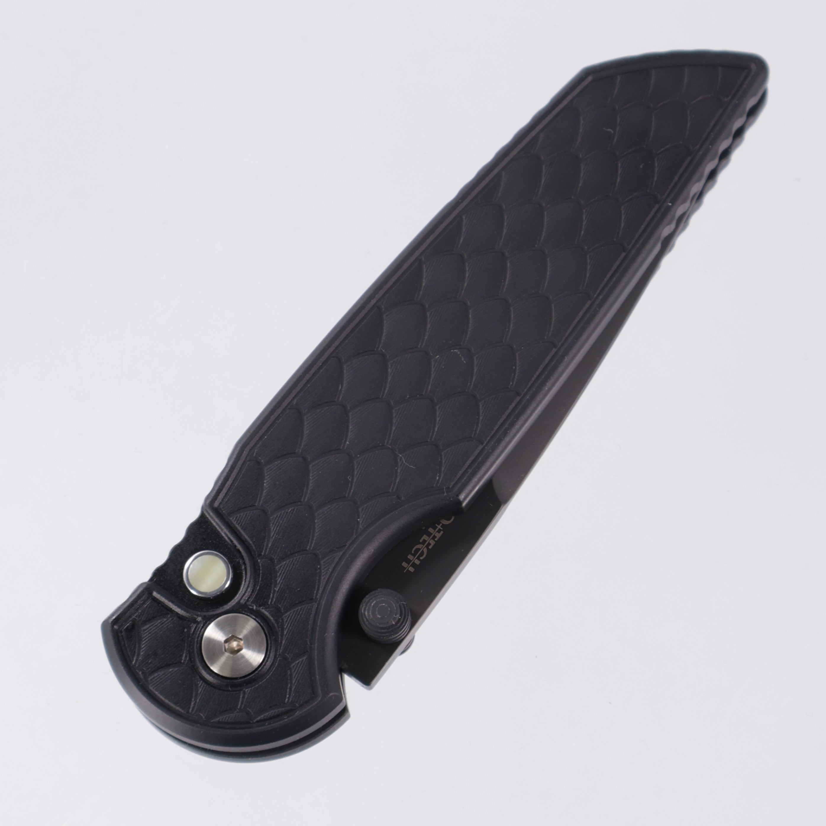 Pro-Tech TR-3 Integrity - Black Aluminum w/ Reptile Milling & Gold Lip Pearl Button - DLC S35VN - NYCKS.INT.3