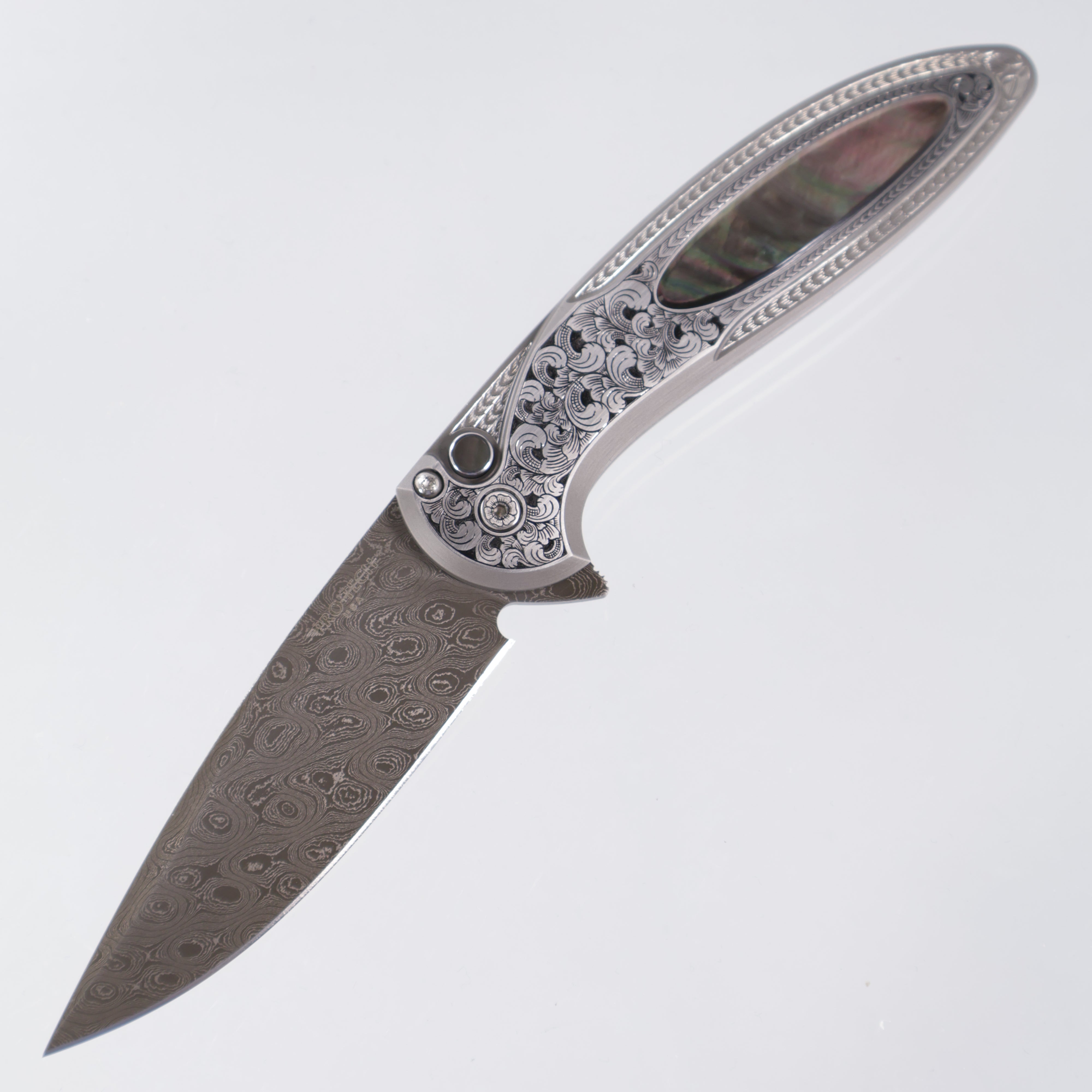 Protech Cambria 2 2025 Ultimate Custom 012 - Bruce Shaw fully engraved 17-4 steel handle w/ Black Lip Pearl inlay & button - Chad Nichols Damascus (Option #1)