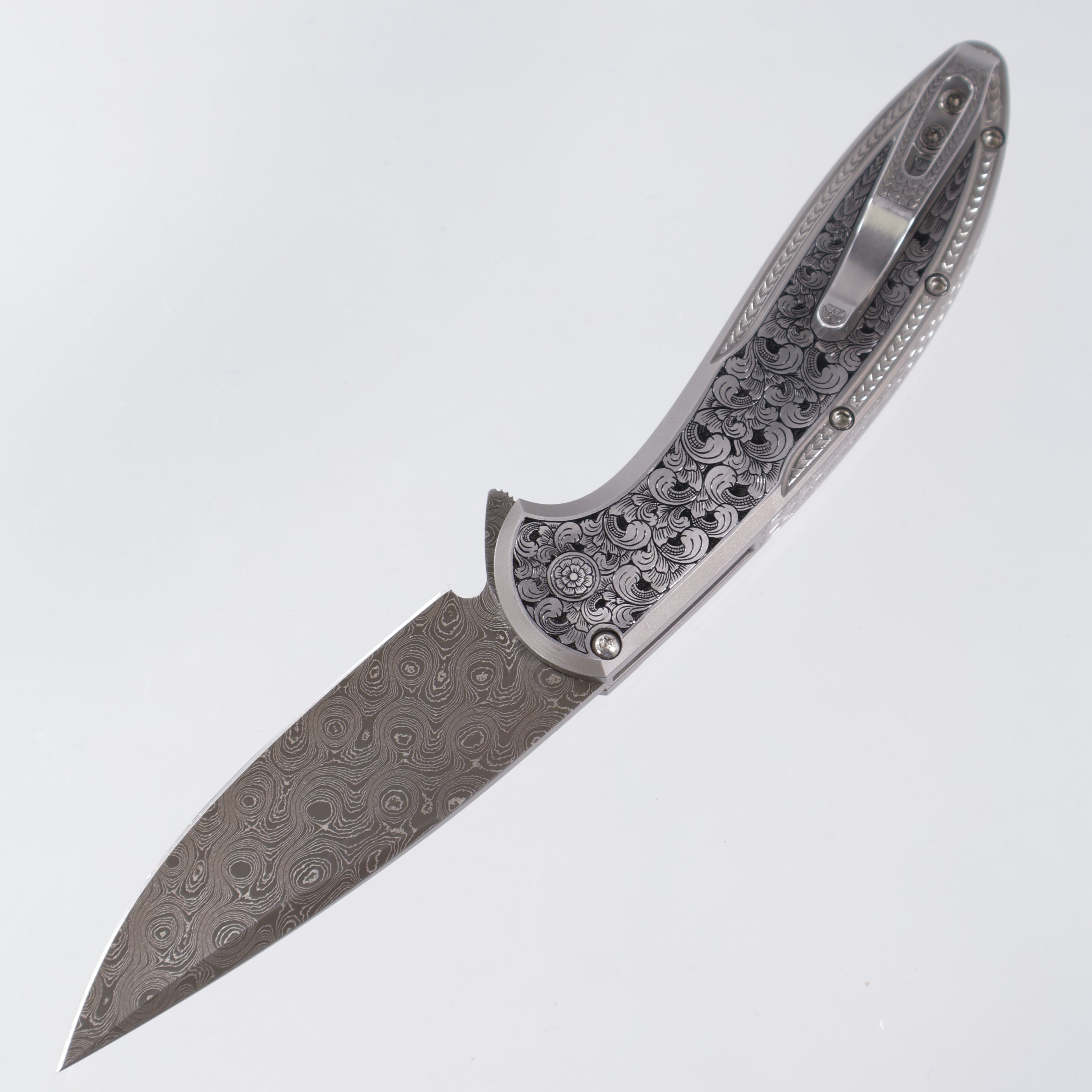 Protech Cambria 2 2025 Ultimate Custom 012 - Bruce Shaw fully engraved 17-4 steel handle w/ Black Lip Pearl inlay & button - Chad Nichols Damascus (Option #1)