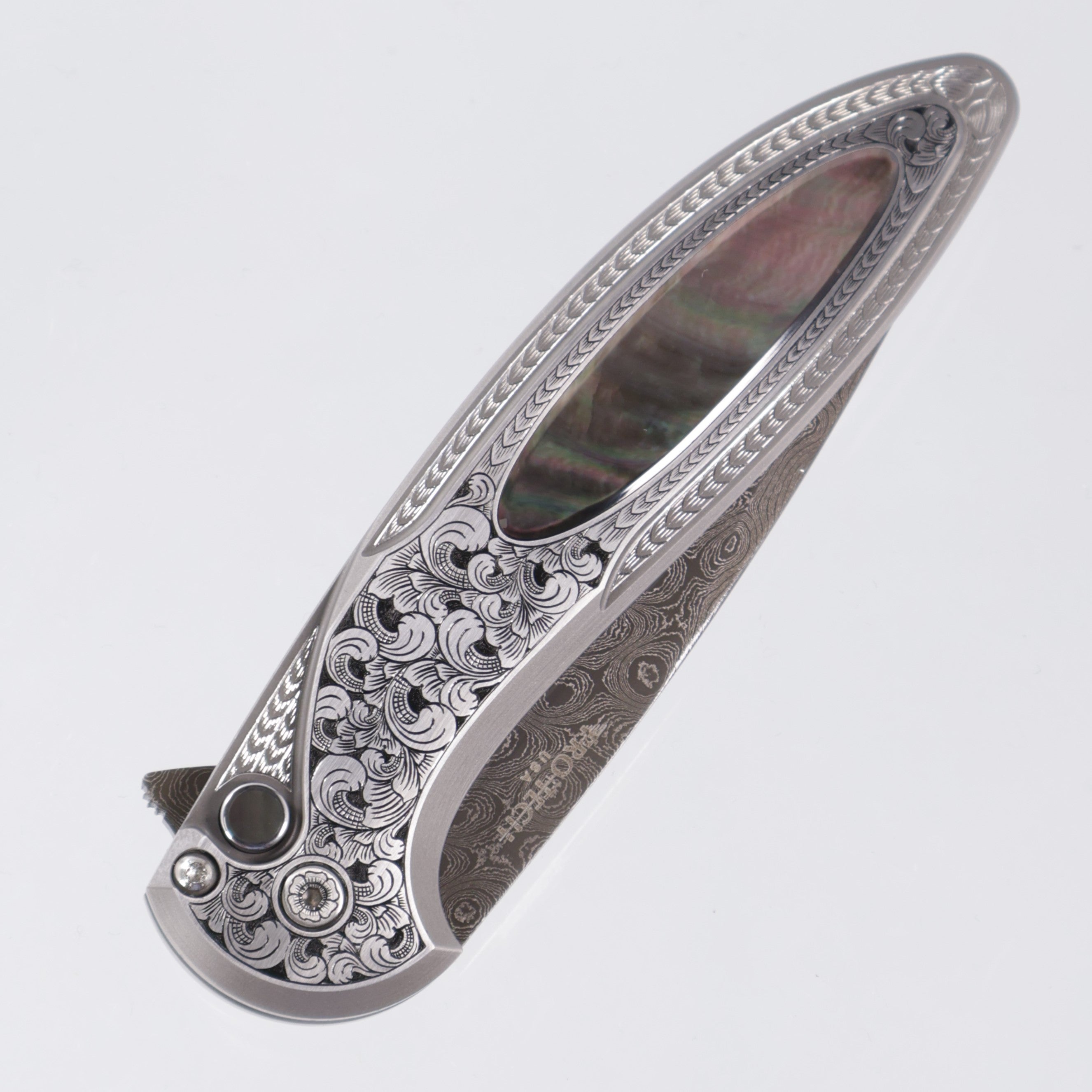 Protech Cambria 2 2025 Ultimate Custom 012 - Bruce Shaw fully engraved 17-4 steel handle w/ Black Lip Pearl inlay & button - Chad Nichols Damascus (Option #1)