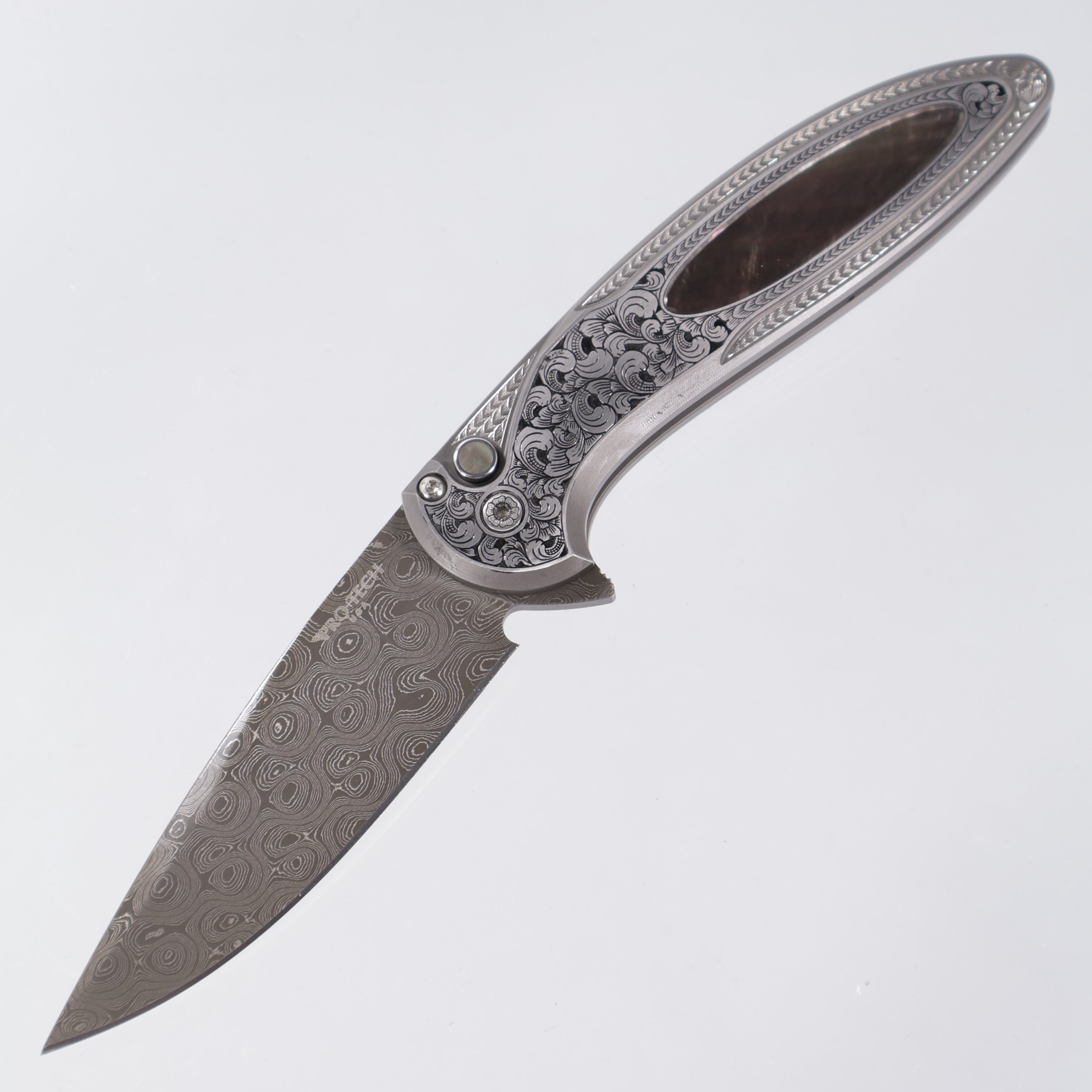 Protech Cambria 2 2025 Ultimate Custom 012 - Bruce Shaw fully engraved 17-4 steel handle w/ Black Lip Pearl inlay & button - Chad Nichols Damascus (Option #2)